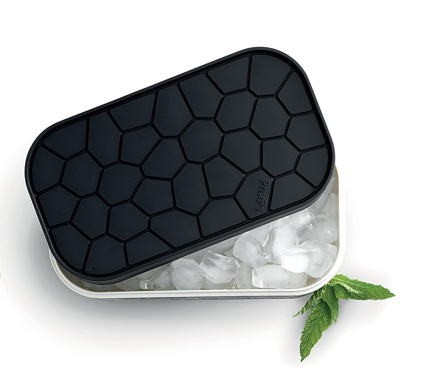 Lekue Lekue Ice Box | Ice Cube Tray For Freezer With Lid & Bin | Made With 100 Percent Platinum Silicone | Elegant And Retro Style Ice Cubes | For Cocktails, Ice Tea & Coffee And More | Black