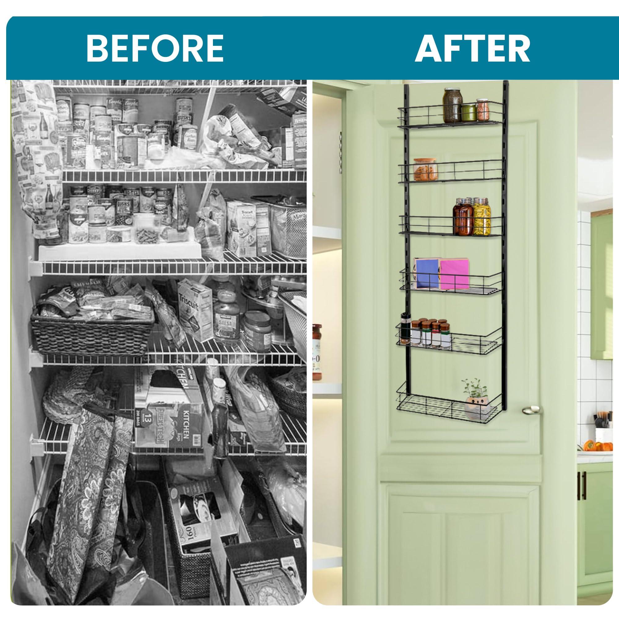 USTECH USTECH 6-Tier Heavy Duty Over The Door Pantry Organizer, Metal Hanging Storage Rack with Wired Tubing, Adjustable Shelves for Kitchen, Bathroom, Closet, Space-Saving Design, Black