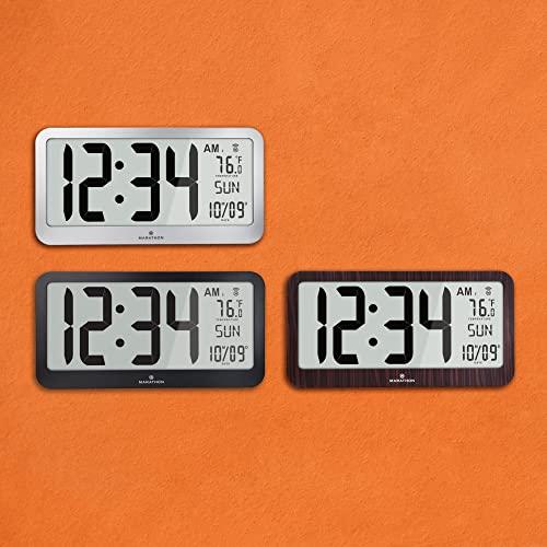 MARATHON Marathon Slim Jumbo Panoramic Atomic Wall Clock with Date and Indoor Temperature. Commercial Grade with Big 6-Inch Numbers, Alarm and Table Stand. Batteries Included (Graphite Grey)