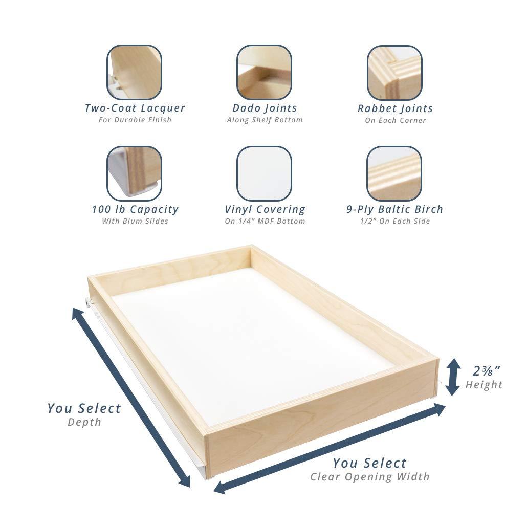 Shelves That Slide Sliding Pull-Out Shelf for Cabinets (Kitchen Cupboards, Pantry Drawers, Bathroom Storage) 2 3/8\" Tall - 3/4 Slides & Base Mounting - Custom Clear Opening Width & Depth: (12.125\" (1/8), 15.75\" (3/4))