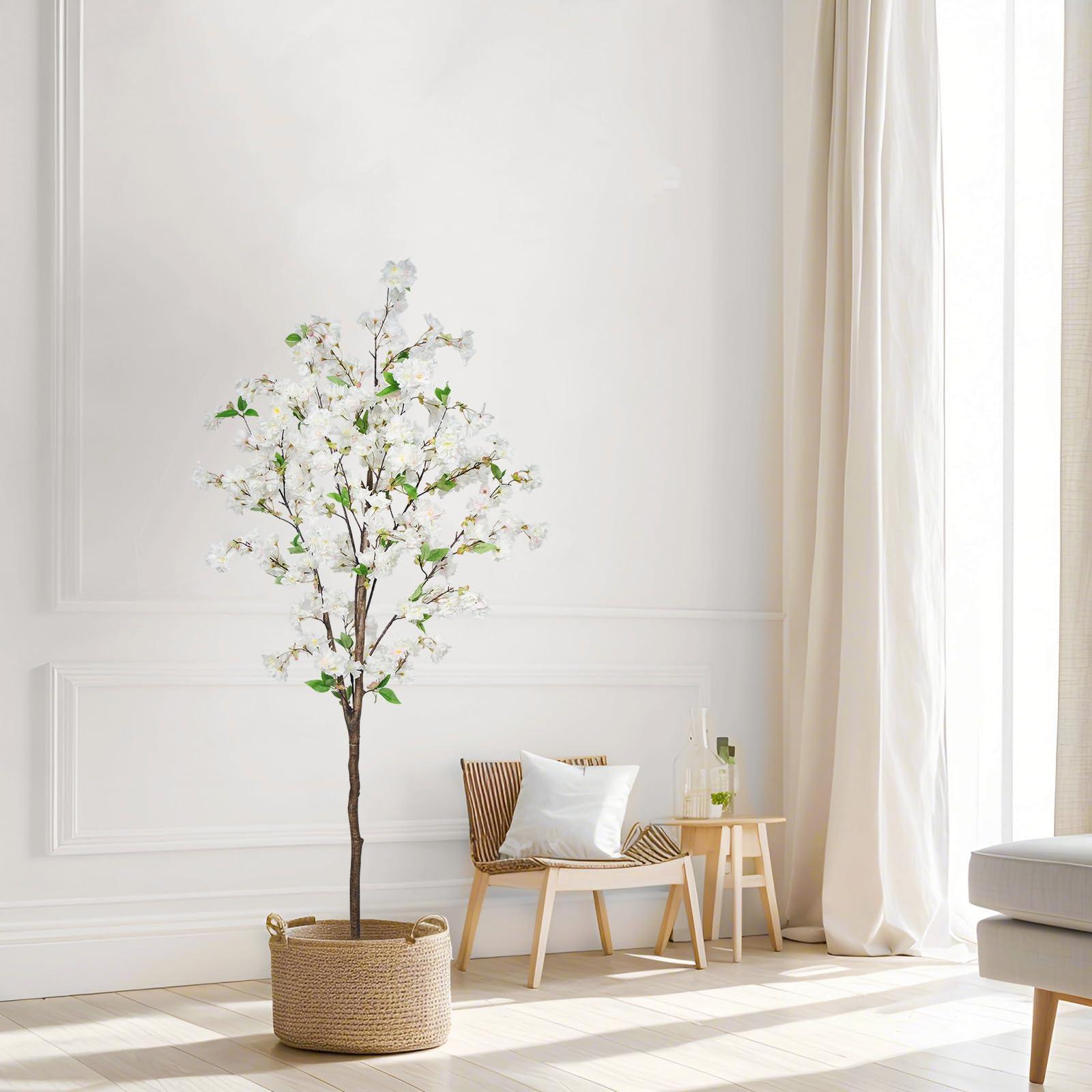TDIAOL 6FT Artificial Cherry Blossom Tree, Lifelike White Cherry Plant in Pot for Indoor, Garden, Office, Wedding & Party Decoration
