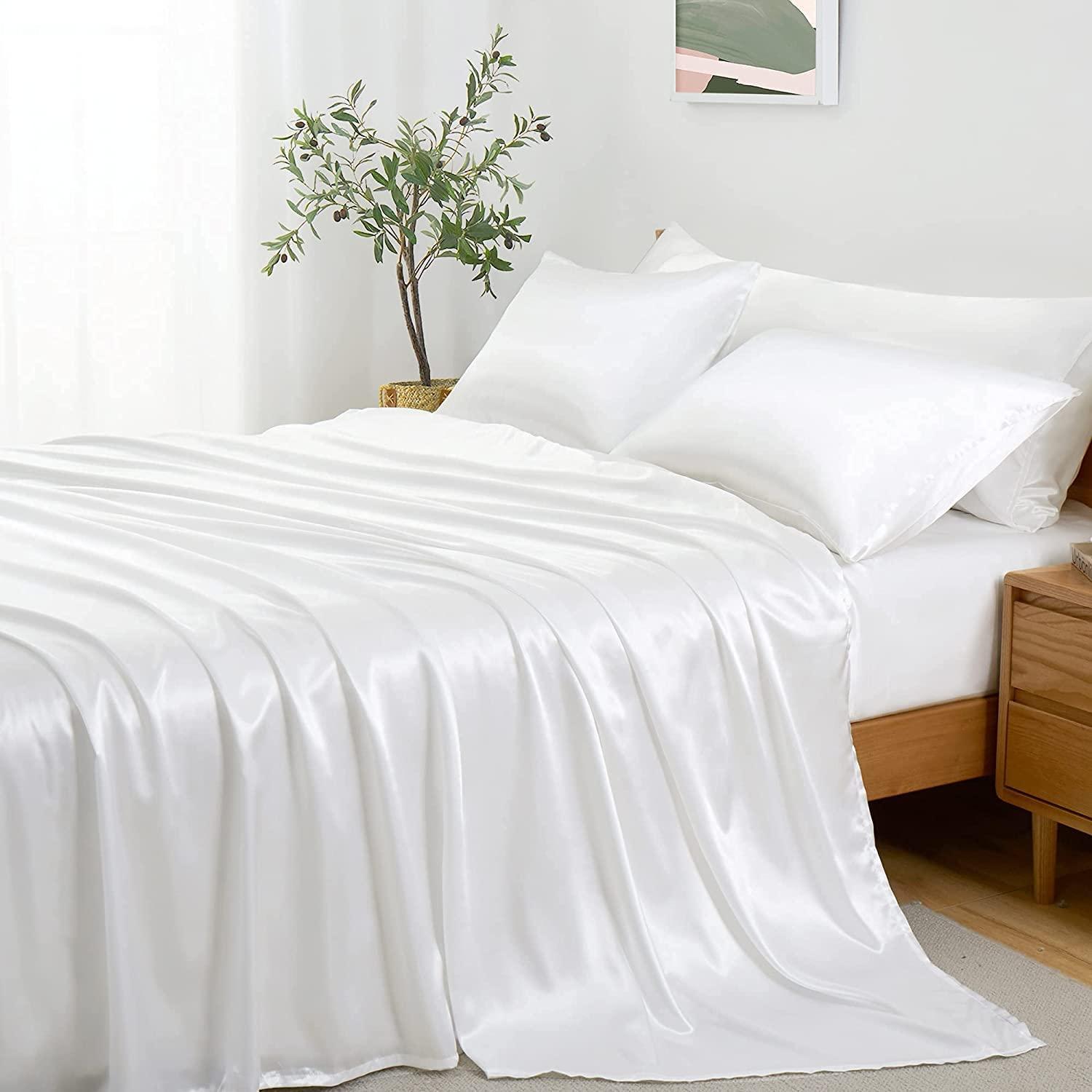 Cotton Home Depot Cotton Home Depot White Silk Satin Comforter Set King - All Season 500 GSM 7 Piece (Comforter + Flat Sheet + Fitted 19\'\' Deep + 4 Pillowcases) Comforter Sheet Set Wrinkle Fade Free Bedding Set