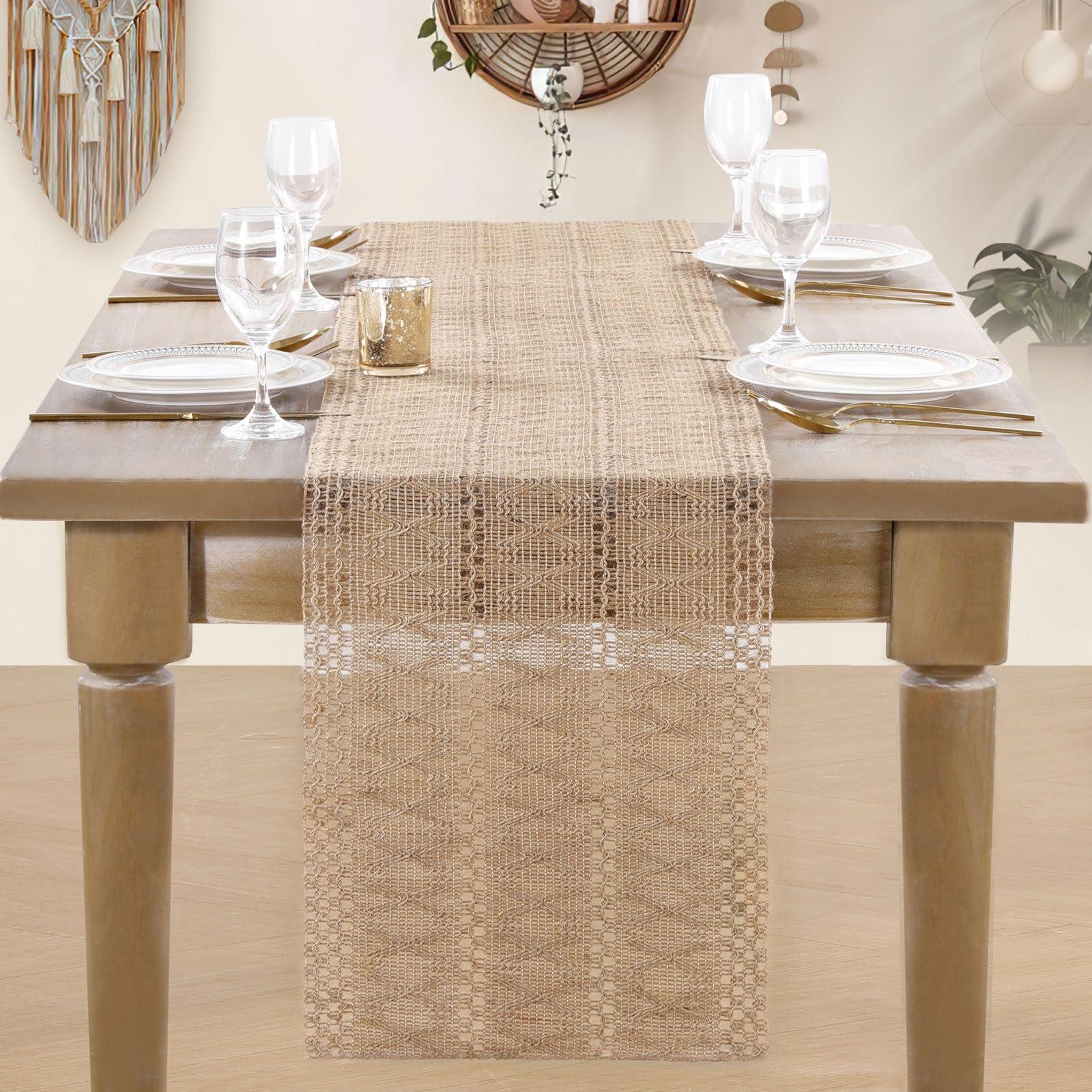B-COOL B-COOL Burlap Boho Table Runner: Woven Boho Table Runner Macrame Farmhouse Table Centerpieces for Dining Room Decor (13x108 Inches)