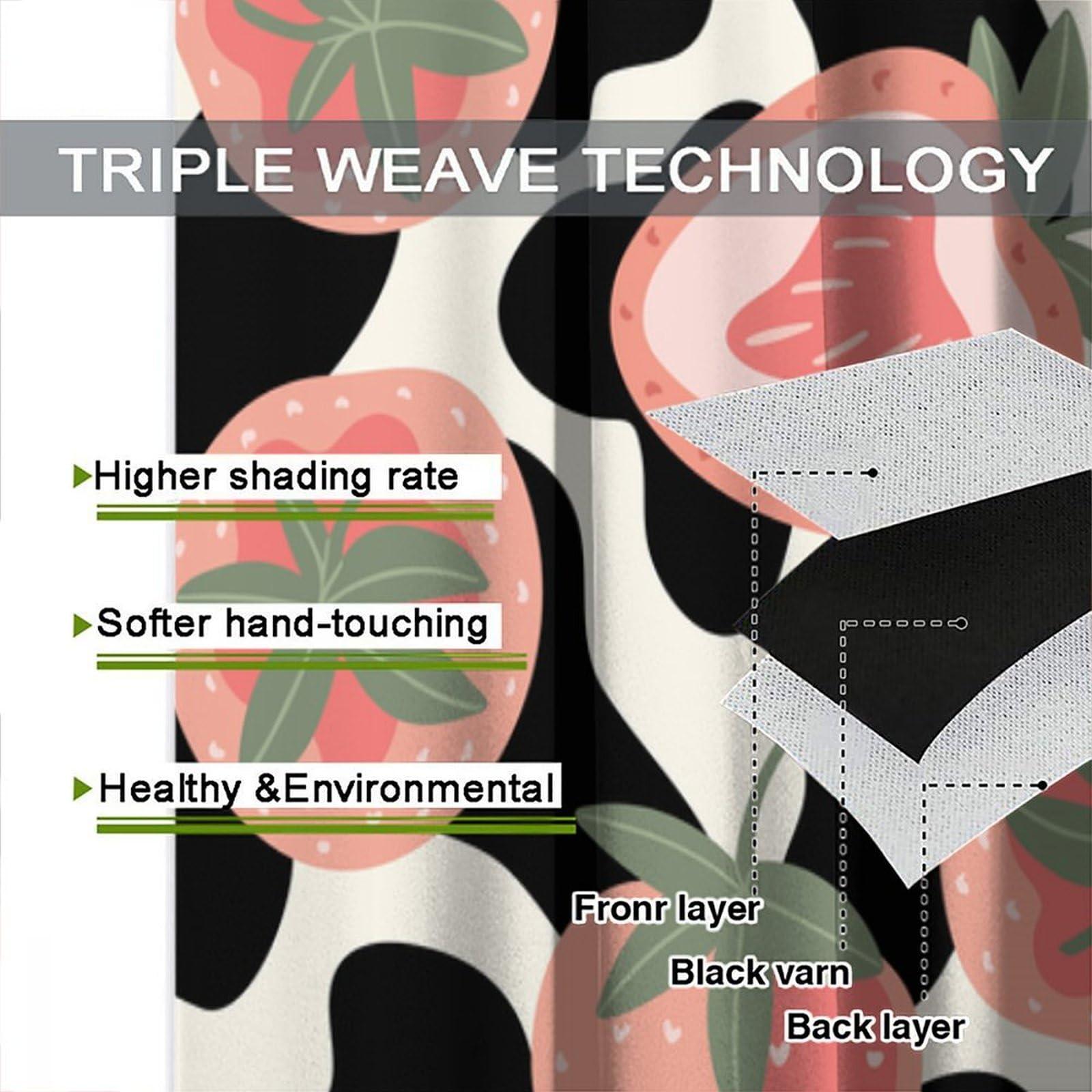 BenYaSong Milk Cow Print Blackout Curtains,Cartoon Pink Strawberry,Bull Cattle Farm Animals Black White Cowhide,Fruits Themed Window Treatments for Home Kitchen Restaurant Decoration Window Curtain 2Panel 52"W