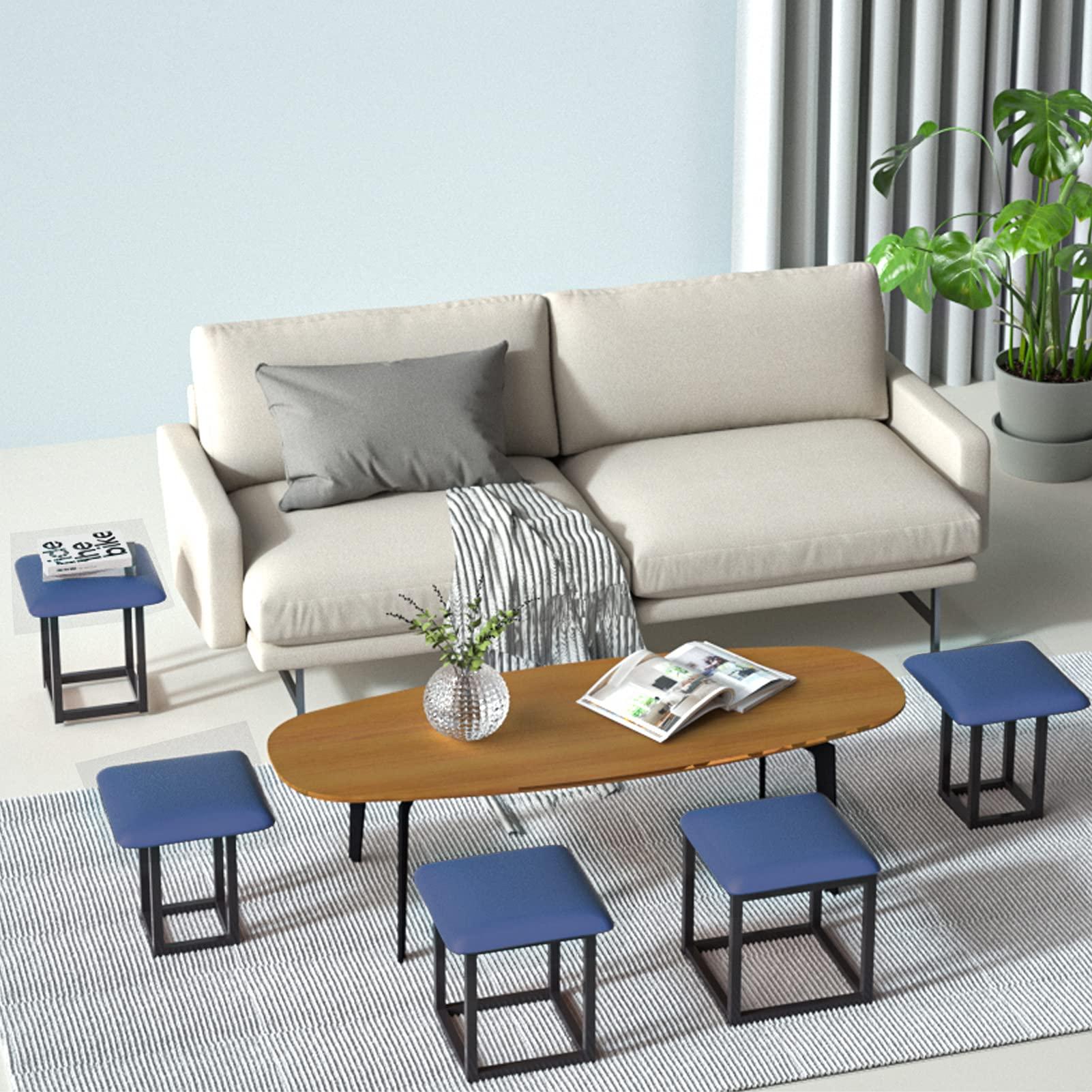 LUGSHIREE LUGSHIREE 5 in 1 Nesting Ottoman Cube Chair, Stackable Stools, Leather Square Ottoman Bench, Foot Stool with Wheels for Living Room,Dining Room 15.75x15.75x16.54 inches