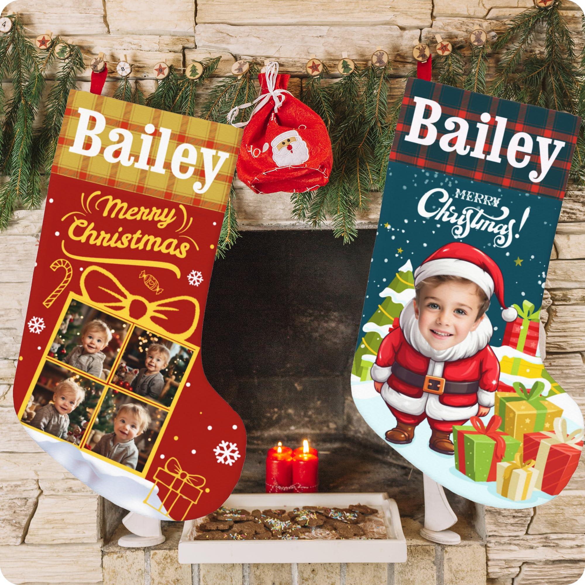BUDAXCUST Personalized Christmas Stockings Custom Stocking with Name Picture Customized Xmas Stockings Personalized Buffalo Plaid Snowflake Stockings for Family Holiday Christmas Party Decor (Santa Claus)