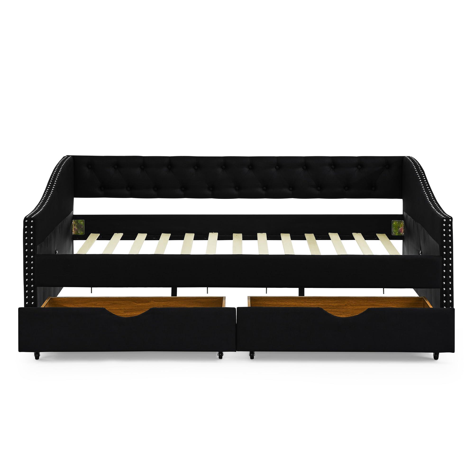 Flieks Flieks Linen Upholstered Full Daybed with Two Storage Drawers, Full Size Button Tufted Sofa Bed Daybed with Nailhead Trim and Wood Slat Support (Black)