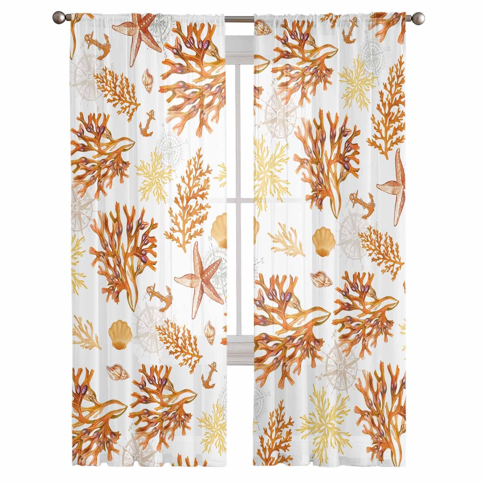 TocaHome TocaHome Sheer Window Curtains 2 Panel Sets, Voile Window Curtain Panels Ocean Sealife Orange Simple Coral Starfish Conch Shell Light Filtering Drapes for Living Room/Bedroom/Kitchen 52" Wx63 L