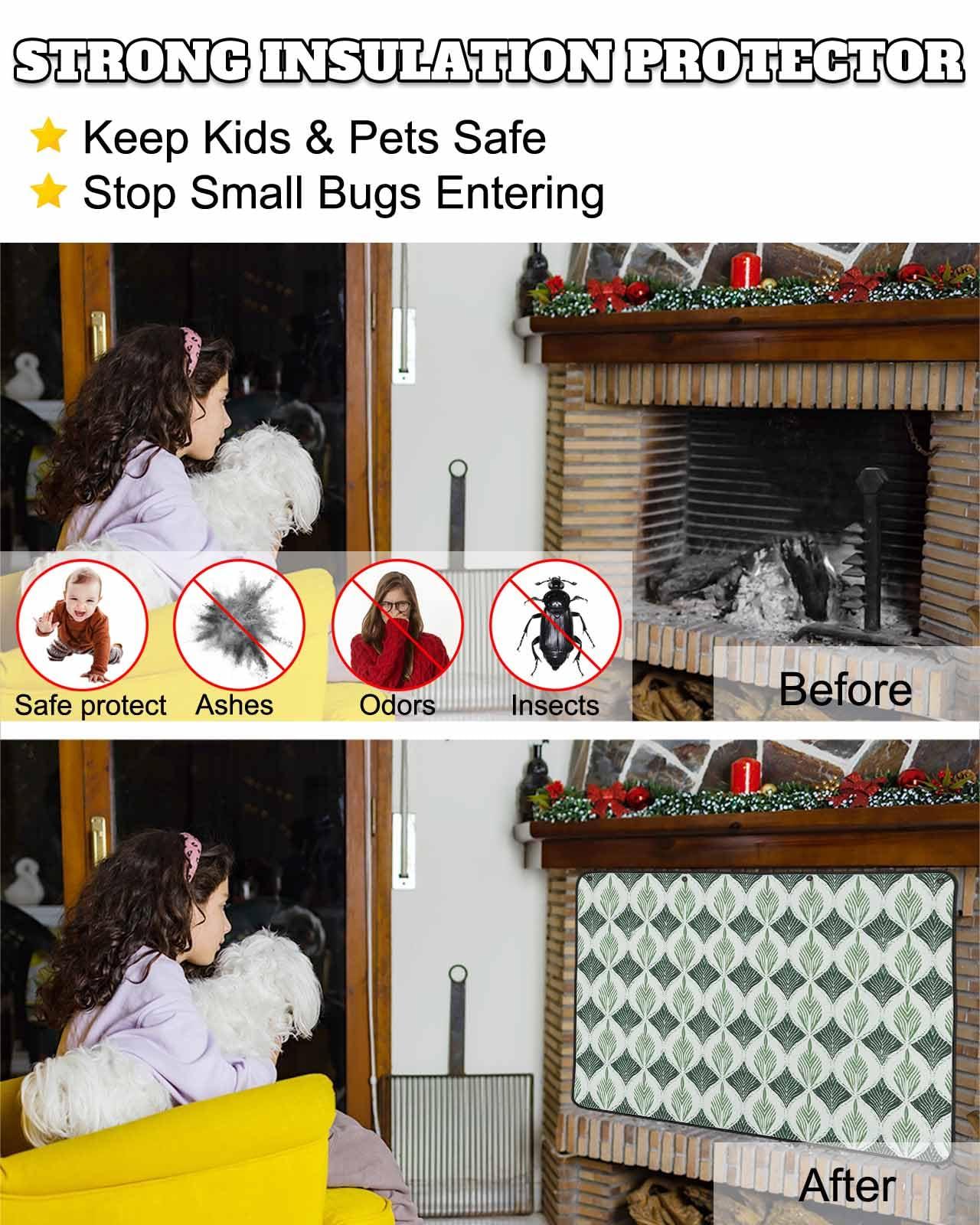 Onekaccu Teal Gray Fireplace Cover Decorative, Magnetic Fireplace Cover Indoor Fireplace Blanket Insulation Fireplace Draft Stopper Save Energy Abstract Geometric Leaves Modern Art 51\" Wx39 H