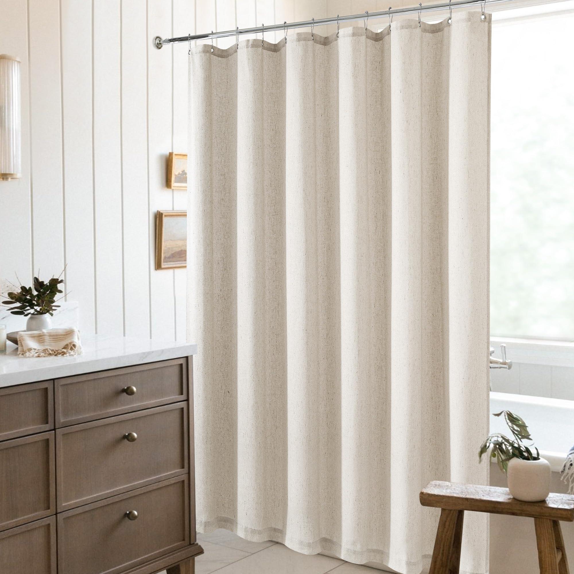 DUKIYO Extra Long Linen Shower Curtain 84 Inch Long Neutral Greige Tan Bath Shower Curtain Set with Hooks XLong Tall Country Farmhouse Boho Drapes for Bathroom, Greyish Beige, 72x84 Drapes