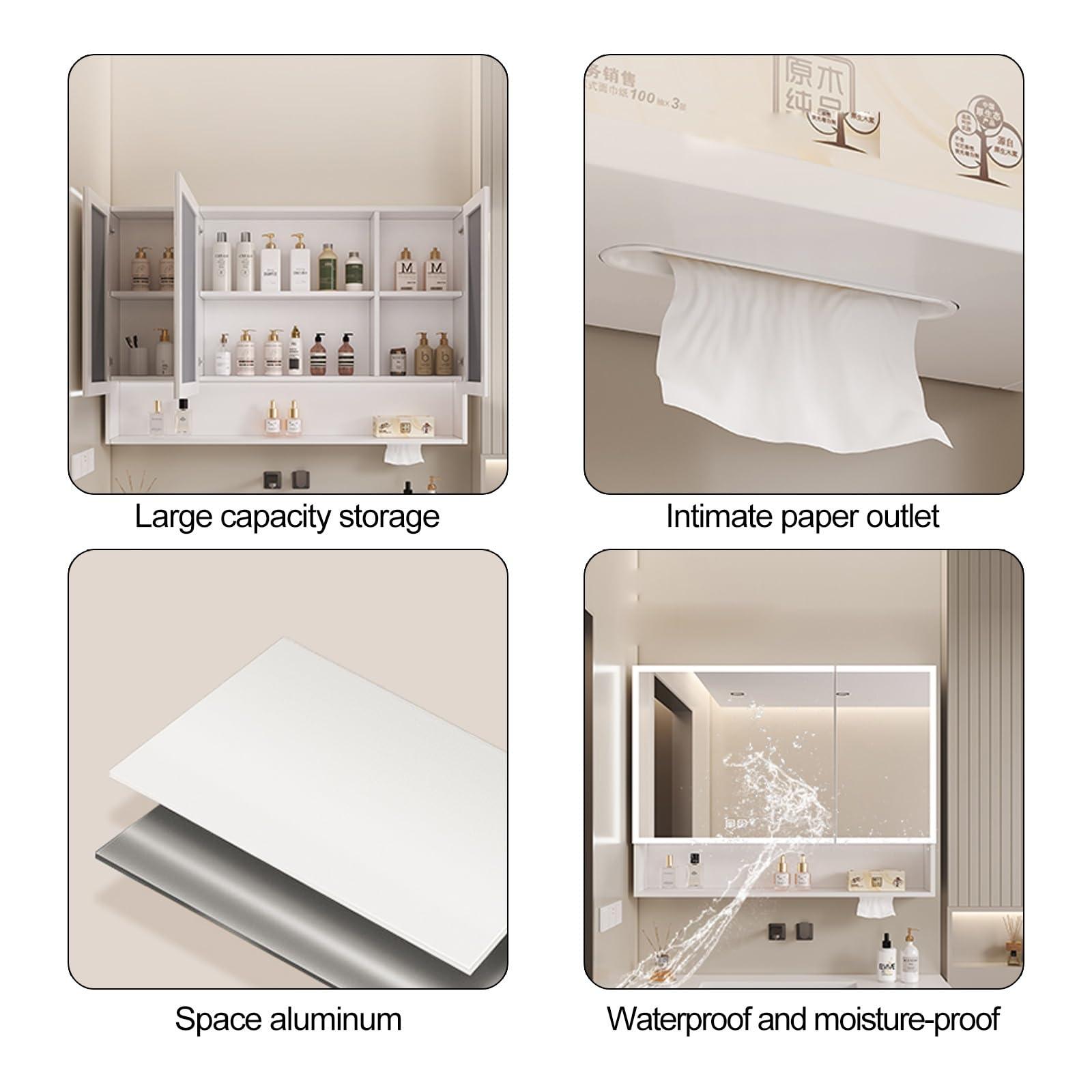 COMPR Medicine Cabinet with Lights,Led Medicine Cabinet with Defogger,Illuminated Mirror Cabinet for Bathroom,Dimmable,Defogger, with Paper Extraction Port (Color : WH, Size : 60 * 70 * 13CM)