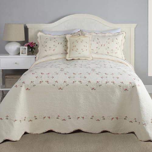 Modern Heirloom Collection MODERN HEIRLOOM Felisa Floral Embroidered Quilted Bedspread, Lightweight All Seasons Vintage Bedding, Queen Size 102\" W x 118\" L, Pink/Ivory