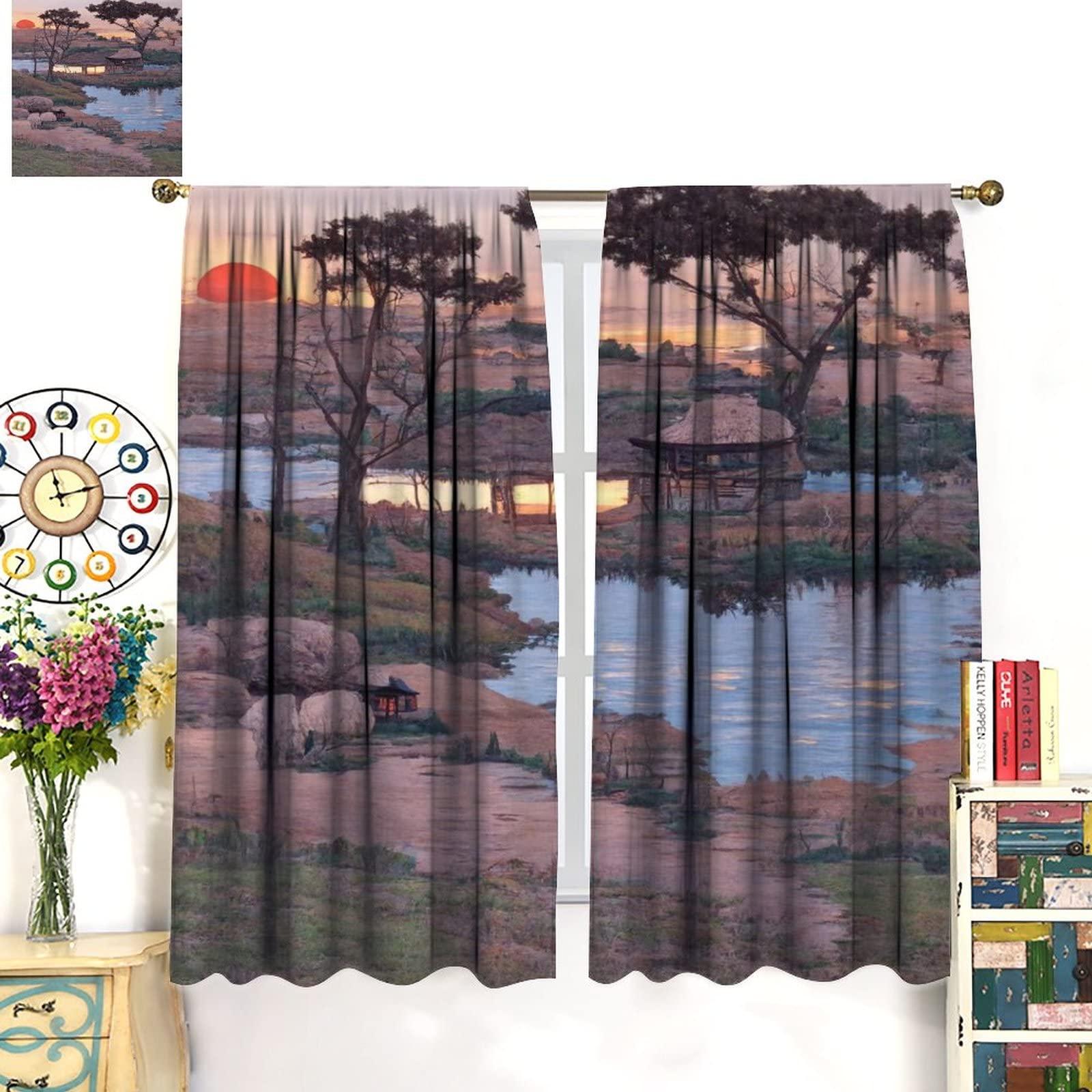 gaoyaqing Asian Landscape Curtain, Traditional Chinese Painting Sunset Landscape Cherry Tree Cloud Mountain, Room Pole Pocket Decoration 2 Panels, Seal Brown 42x63in