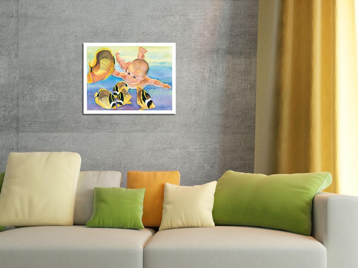 Pacifica Island Art Talk to the Fish - Hawaii - Baby (Keiki) with Racoon Butterfly Fish - From an Original Watercolor Painting by Janet Stewart - Fine Art Matte Paper Print (Unframed) 11x14in