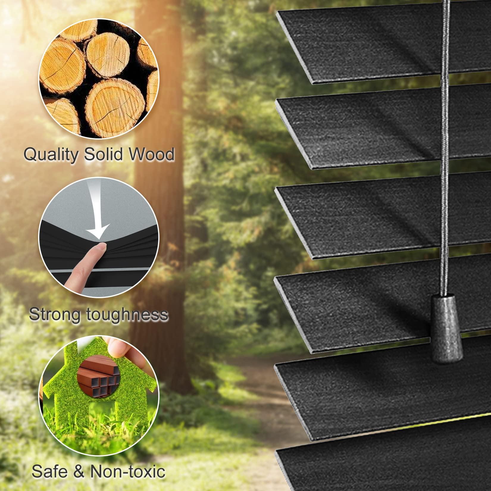 Fiunkes Wooden Window Blinds, Blackout Venetian Blinds for Windows, Black Wooden Blinds for Windows, Noise Reduction Window Wood Blinds, Privacy Screen Plantation Blinds for Interior Windows,23x47''