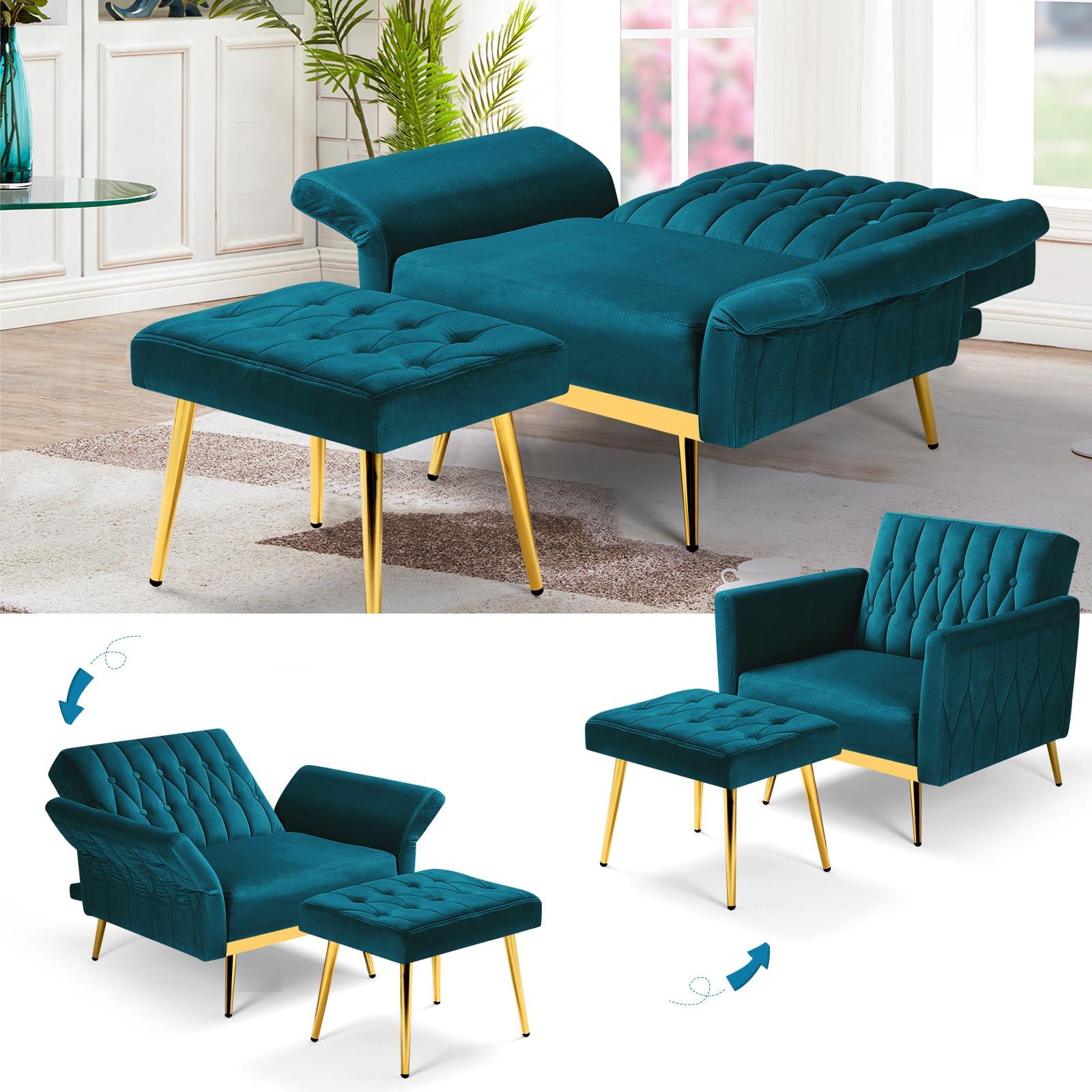 ACMEASE ACMEASE 2 Pieces Velvet Sofa Set with Adjustable Armrest and Backrest, 70 Convertible Futon Sofa Bed & Mordern Accent Chair with Ottoman for Living room, Bedroom, Teal
