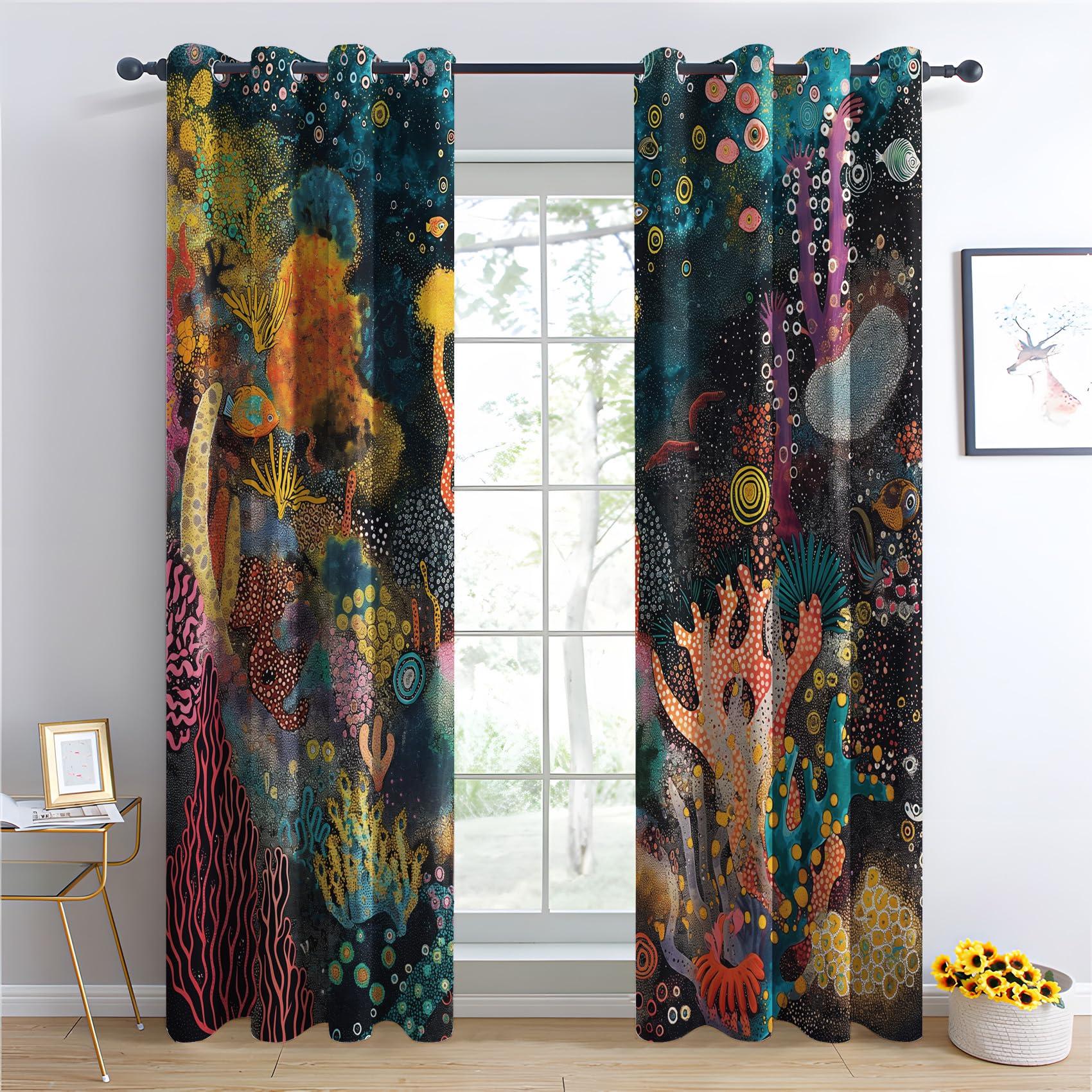 HomeLoft Basics Fish Coral Curtains, Ocean Blackout Curtains for Bedroom, Thermal Insulated Room Darkening Grommet Drapes for Living Room, Window Treatments, 63 Inch Curtains 2 Panel Set - K&T61