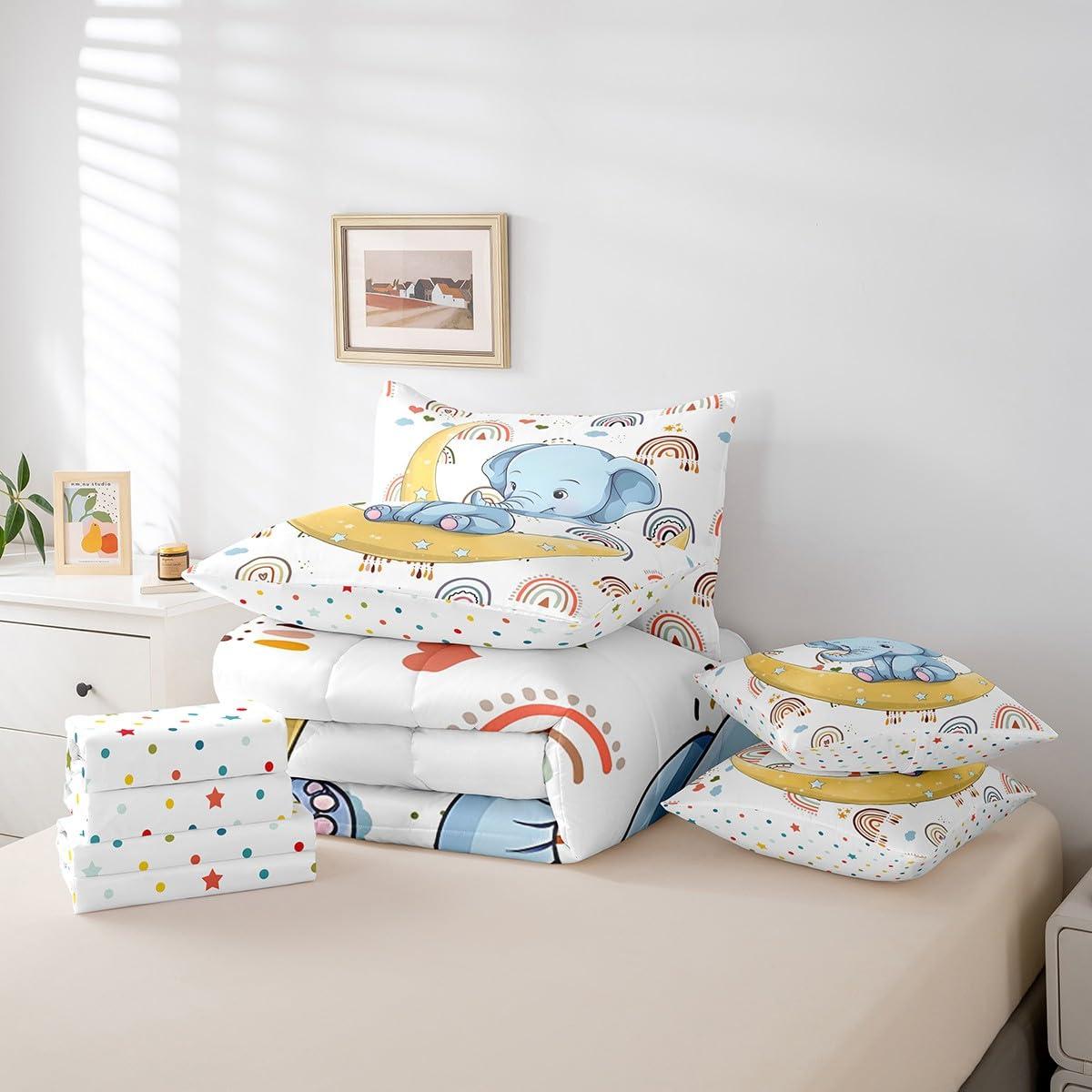 Feelyou Feelyou Cartoon Elephant 7 Piece Bedding Set Queen Size Star Moon Comforter Set with Sheets for Boys Girls Rainbow Bed in a Bag Women Men Cute Animal Bed Set