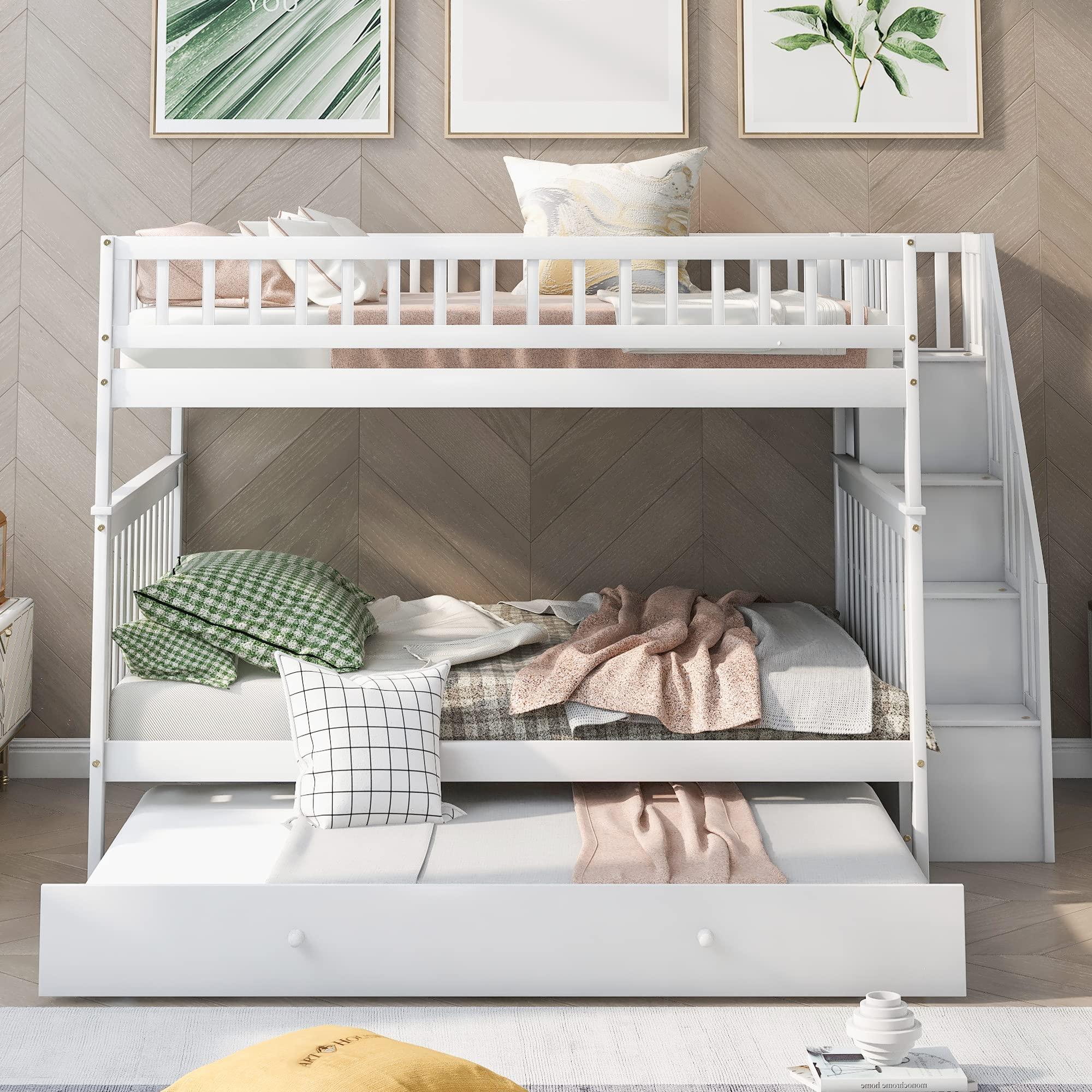 Quarte Quarte Full Over Full Bunk Bed with Trundle/Staircase/4 Storage Shelves, Convertible 3 Individual Beds, Solid Wood Bunk Bed Designed for Kids/Teens/Adults (White+Full/Full*)