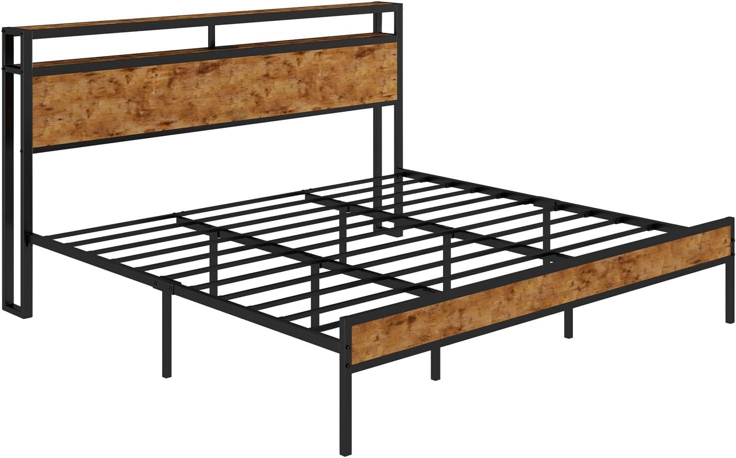 PAHKEN PAHKEN Queen Size Bed Frame Industrial Platform Bed with Charging Station, 2-Tier Storage Headboard/No Box Spring Needed/Noise-Free/Dark Brown,bed frame, King, zq-122903