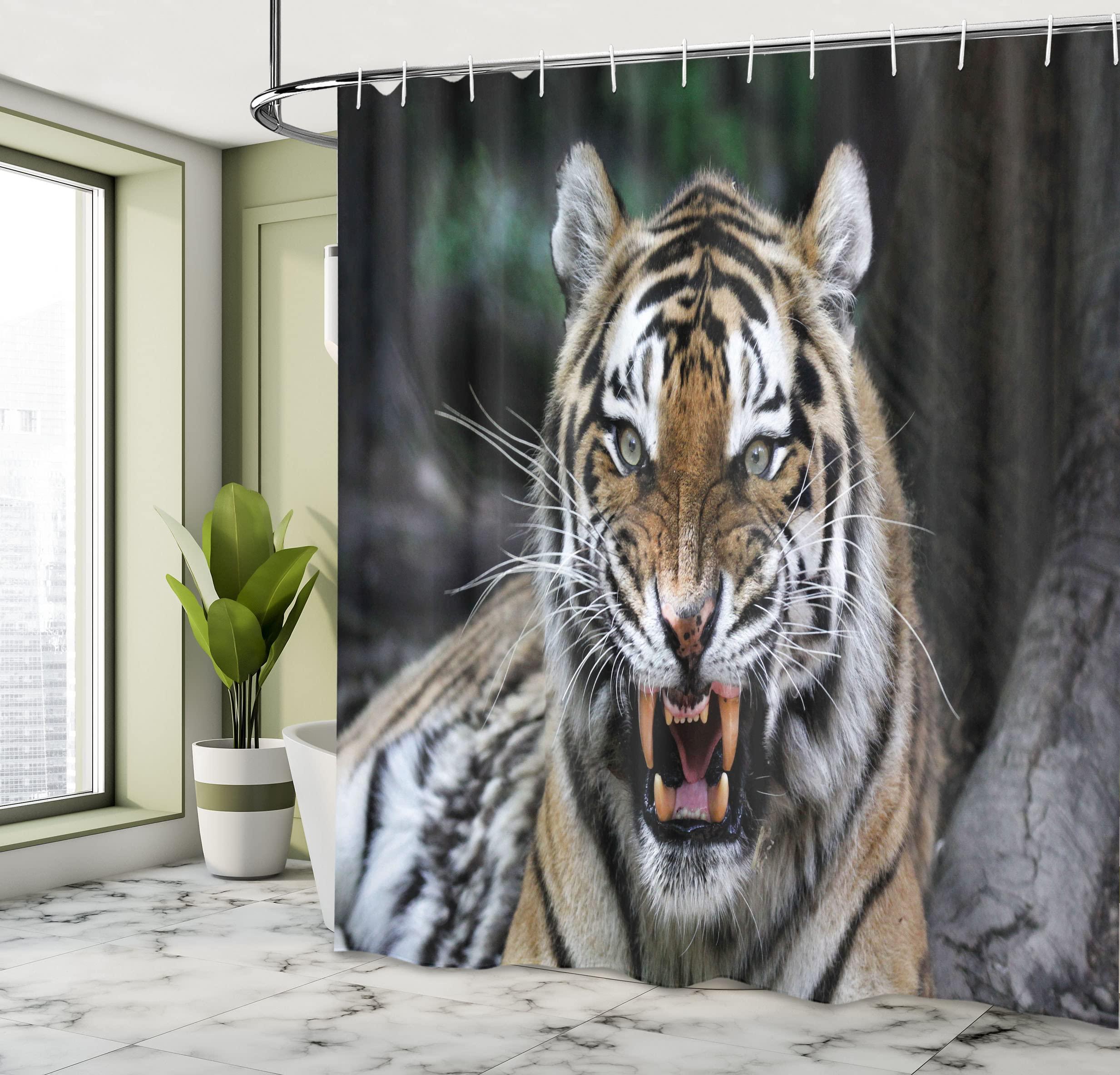 Ambesonne Ambesonne African Shower Curtain, Tiger Face with Roaring Wildlife Savannah Animal Nature Zoo Focused Photo Print, Cloth Fabric Bathroom Decor Set with Hooks, 69\" W x 70\" L, Caramel Grey