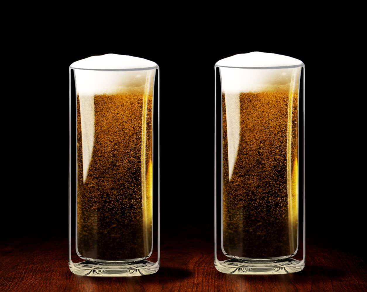 Sun's Tea Sun's Tea Double Wall Insulated Glass Tumbler, 16oz (450ml) Highball Glass Cups for Beer, Lemonade, Iced Tea, Tropical Drink, Cocktail, Smoothie, Mojito and Mixed Drinks, Set of 2 - Collins Style