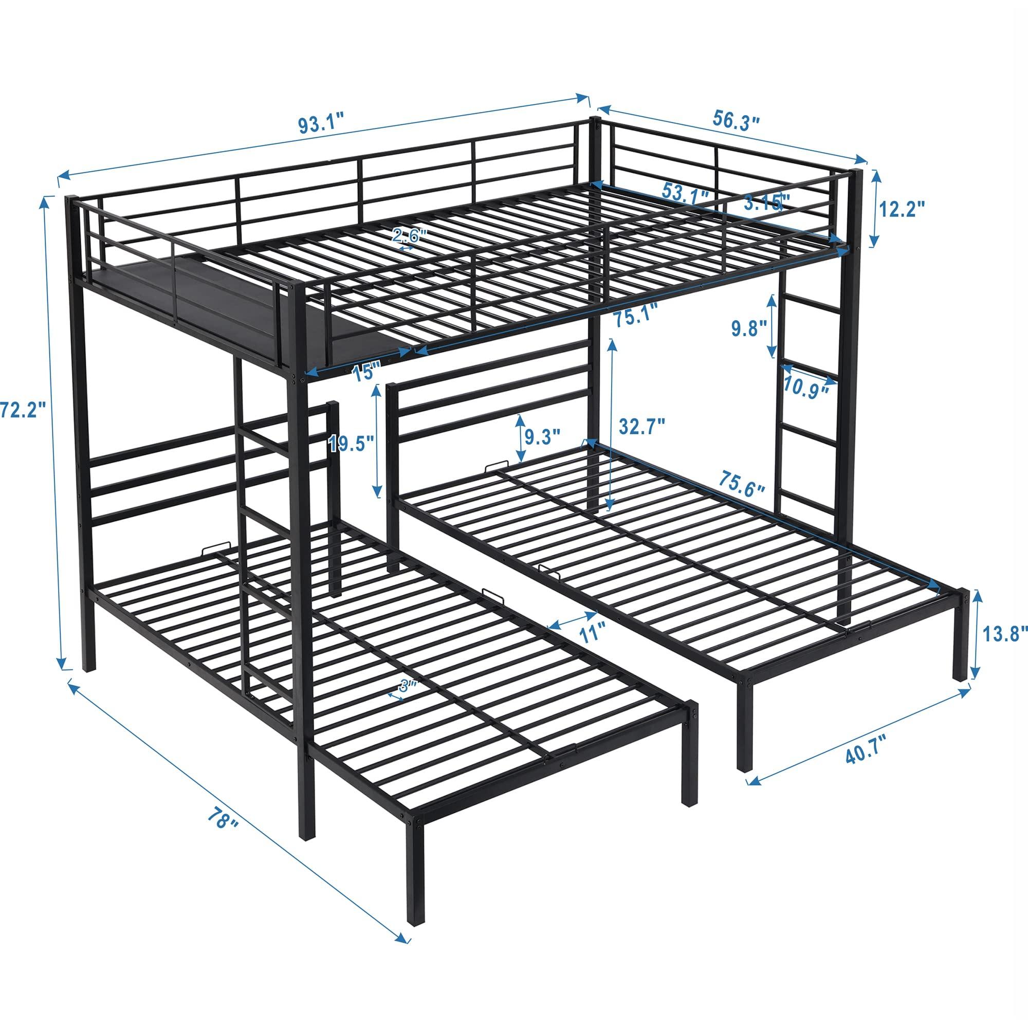 SOFTSEA SOFTSEA Heavy Duty Metal Triple Bunk Beds Full Over Twin & Twin L-Shaped Bunk Bed with Built-in Shelf for Boys Girls