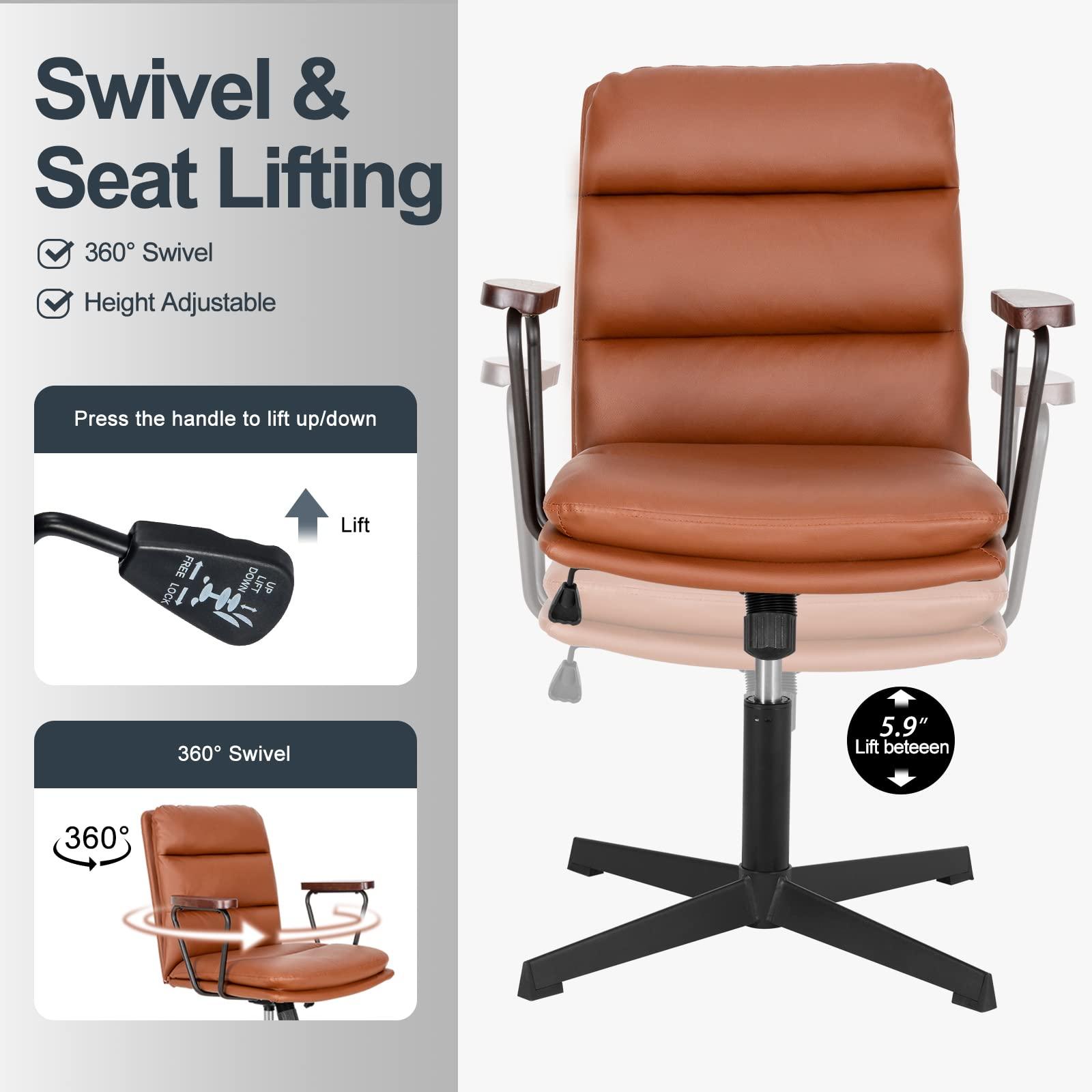 Okeysen Okeysen Office Desk Chair No Wheels, Swivel Chair with Retro Wooden Armrests, Criss Cross Legged Armless Computer Chair for Home Office, Mid Century Modern Adjustable Task Chair with Thick Cushion