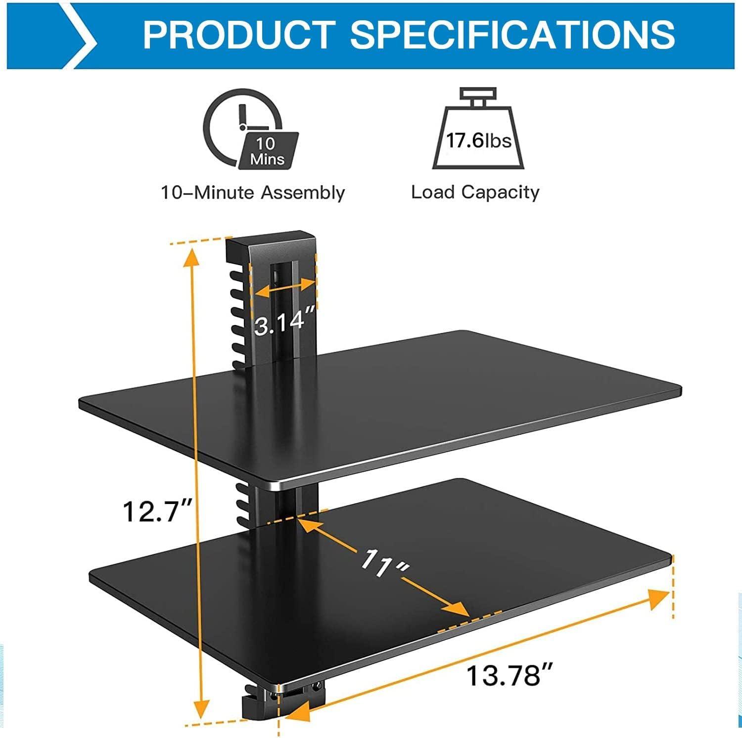 PERLESMITH PERLESMITH Floating AV Shelf Double Wall Mount TV Shelf - Holds up to 17.6lbs - DVD DVR Component Shelf - Perfect for Xbox, Projector, WiFi Router, Game Console and Cable Box, PSDSK2