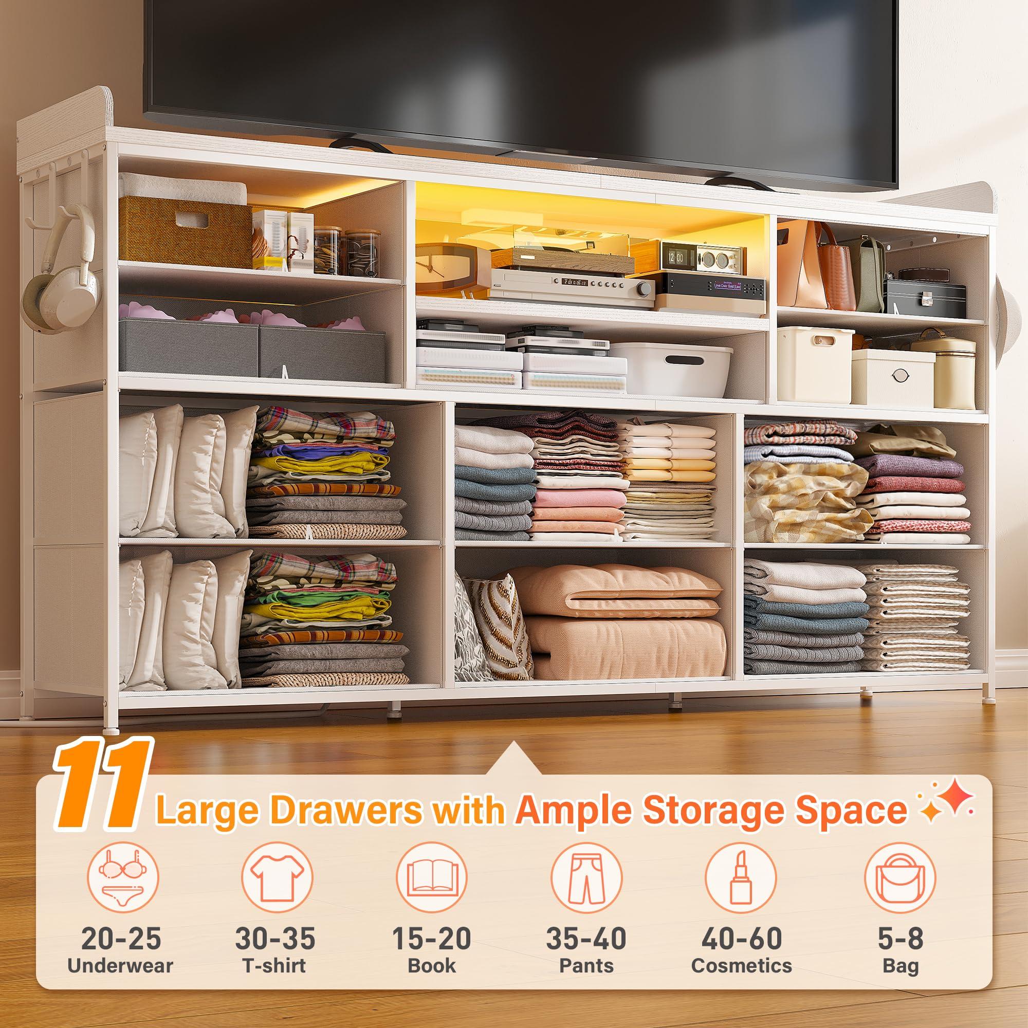 EnHomee EnHomee Dresser TV Stand with 11 Drawers for 60\" TV Stand for Bedroom with LED Lights & Power Outlets Long Dresser for Bedroom with Shelves & 4 Hooks Sturdy Metal Frame & Wood Top, White