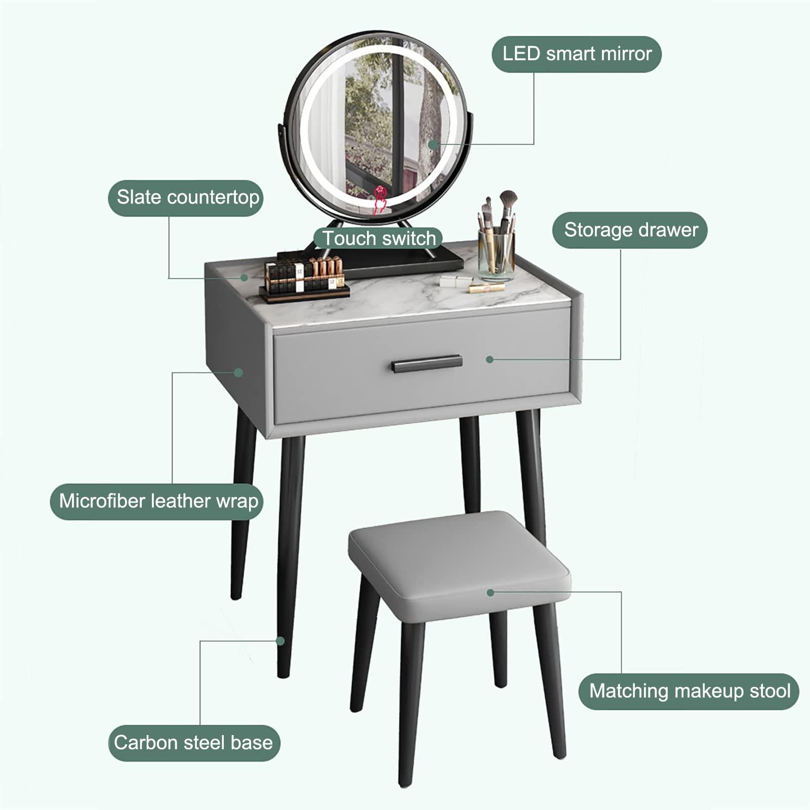 REALN REALN Vanity Table Set with Adjustable Brightness Mirror and Cushioned Stool, Dressing Table Vanity Makeup Table with Large Drawer for Women,Little Girls (Color : Gray, Size : 50cm)