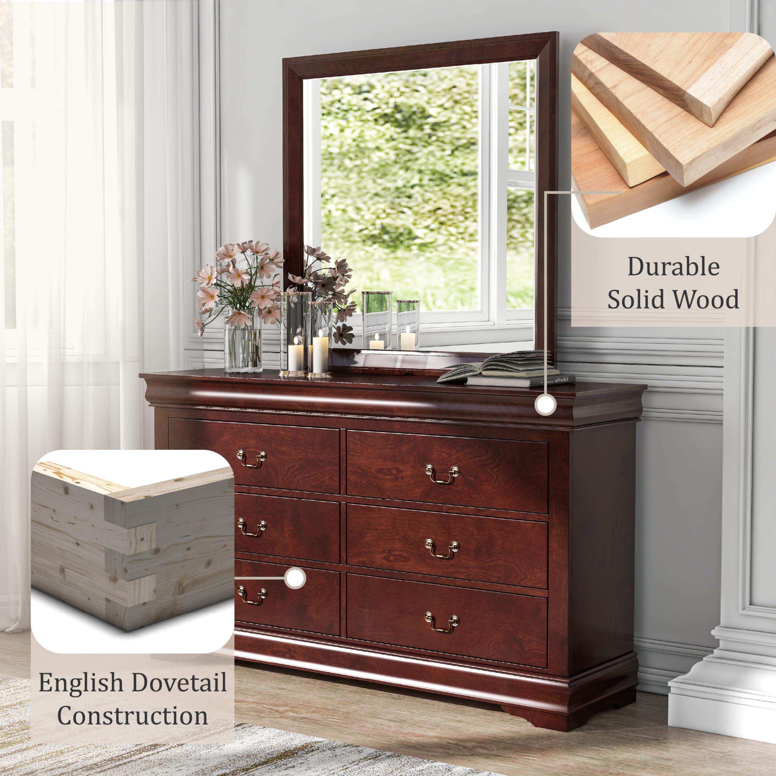 Furniture of America Furniture of America Louis Philippe Traditional Wooden 6 Drawer Dresser with Mirror, Vintage Bedroom Set, Accent Vanity Dressing Table with Antique Nickle Handles, Walk-in Closet, Standard, Cherry