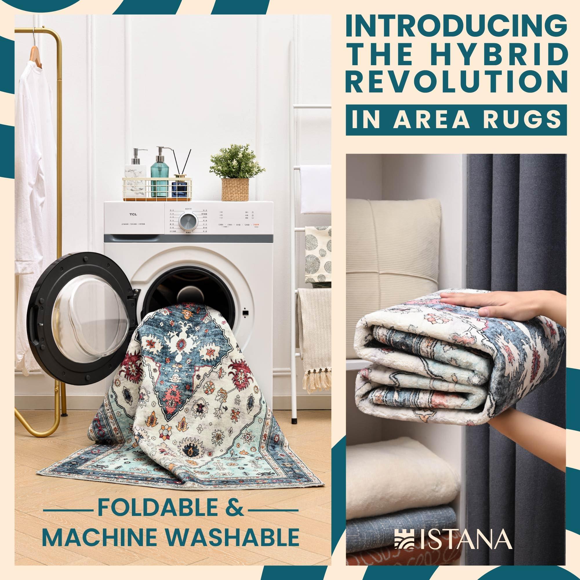 Istana Istana 3x5 Washable Rug - White Cream/Blue Area Rug - Foldable Small Area Rugs 3x5 - Non Shedding Floor Rugs for Home - Washable Rugs 3x5-3x5 Rug Non Slip W/Soft Microfiber - 3x5 Rug Washable