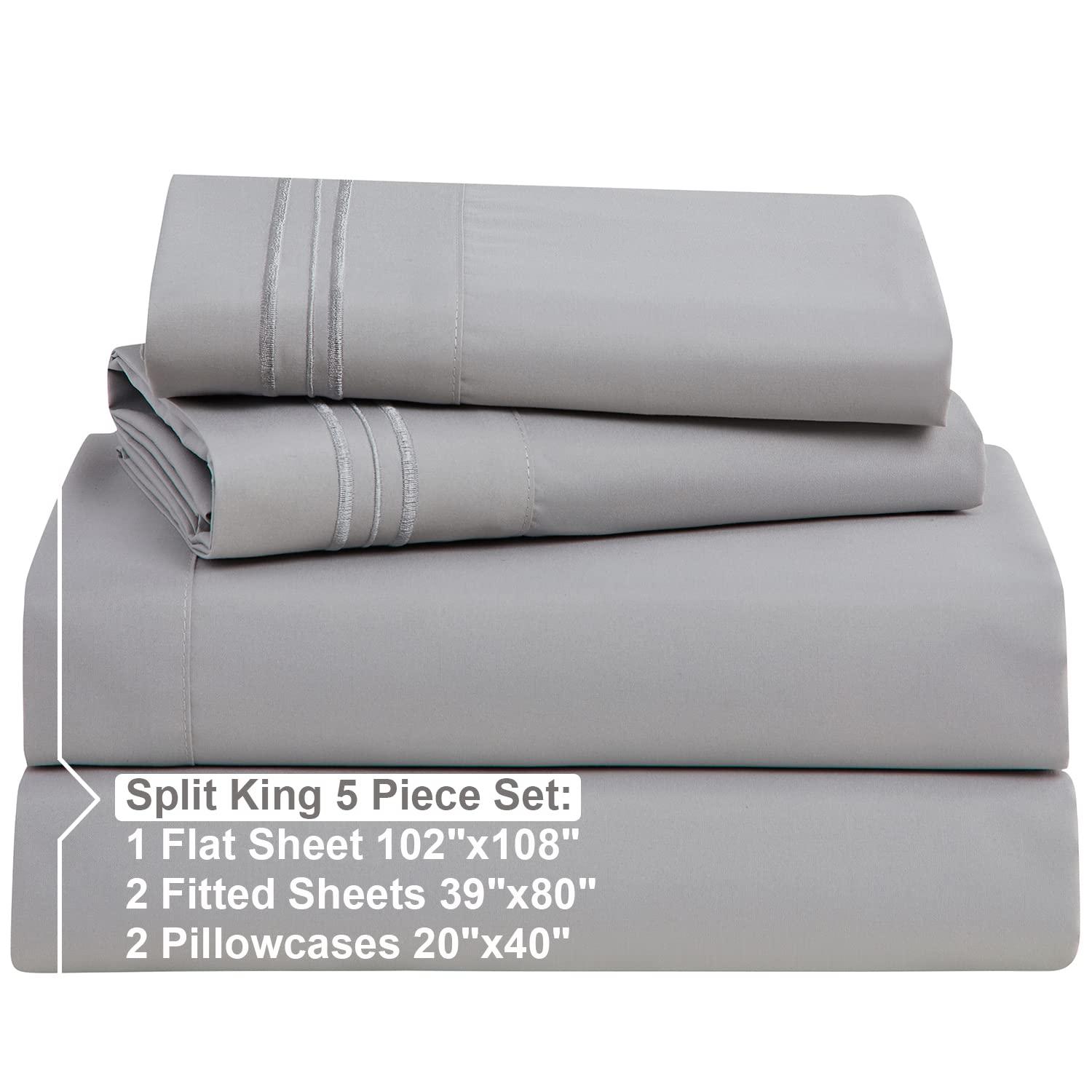 Nestl Nestl Split King Sheets for Adjustable Beds - 5 Piece Split King Sheets Set, Deep Pocket, Hotel Luxury, Extra Soft, Breathable and Cooling, Light Grey Split King Bed Sheets