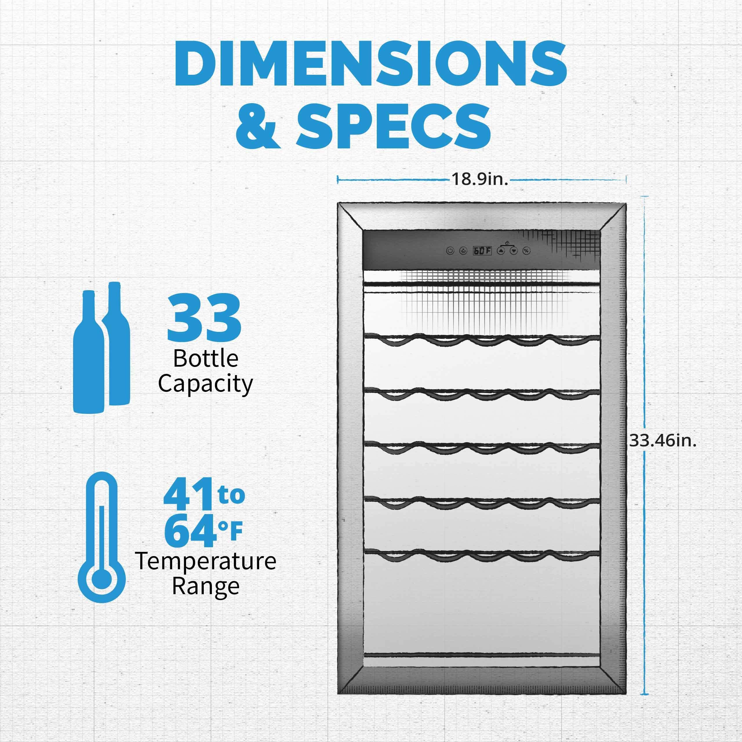 NewAir NewAir Compressor Wine Cooler Refrigerator in Stainless Steel | 33 Bottle Capacity | Freestanding or Built-In Fridge | UV Protected Glass Door with Digital Thermostat NWC033SS01