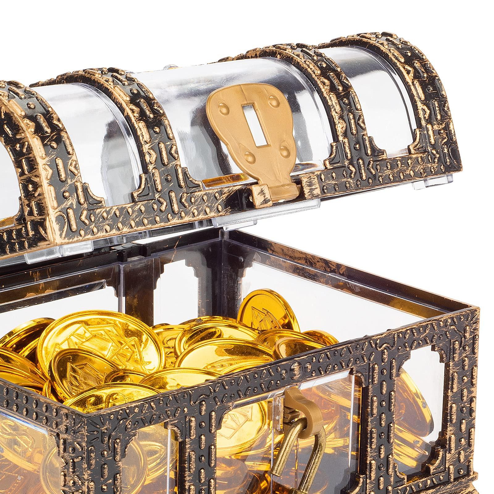 Pemalin Plastic Transparent Antique Pirate Treasure Box with Lock and Key, Treasure Toy Box Prizes for Kids, Pirate Party Decor