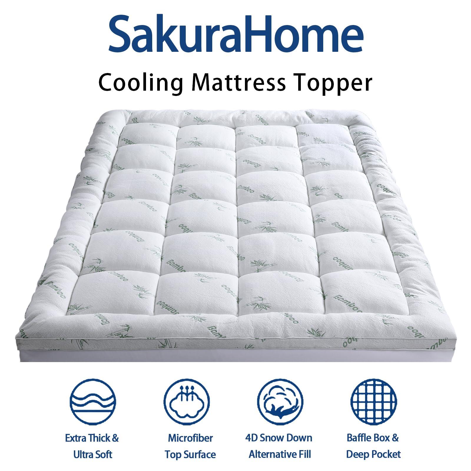SakuraHome Mattress Topper Full Size, Cooling Extra Thick Breathable Viscose Made from Bamboo Mattress pad, Soft Quilted Fitted Mattress Cover with 1000 GSM Down Alternative Fill (8-21Deep Pocket)