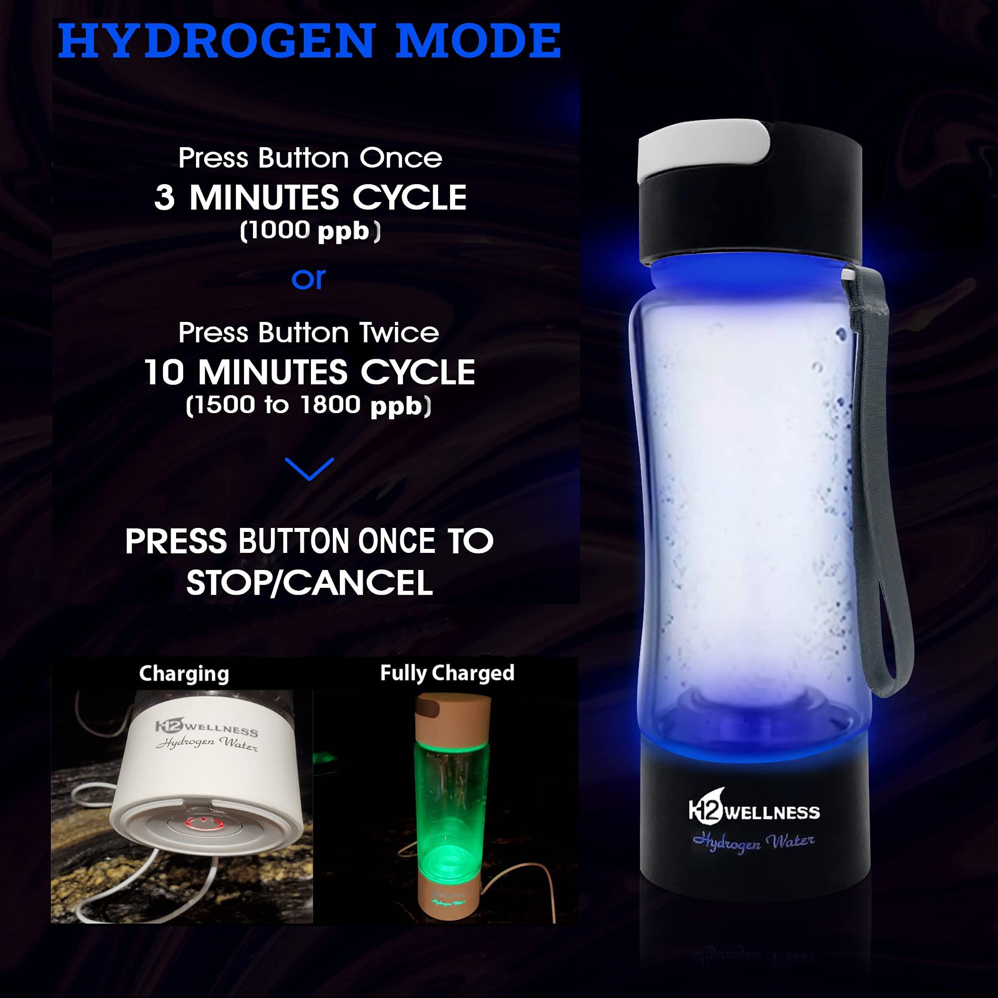 H2WELLNESS H2Wellness - Molecular Hydrogen Water Bottle, 400ml Portable Hydrogen Water Maker, Hydrogen Water Generator with Portable Inhaler Adapter and Self-Cleaning Mode, Black Tritan