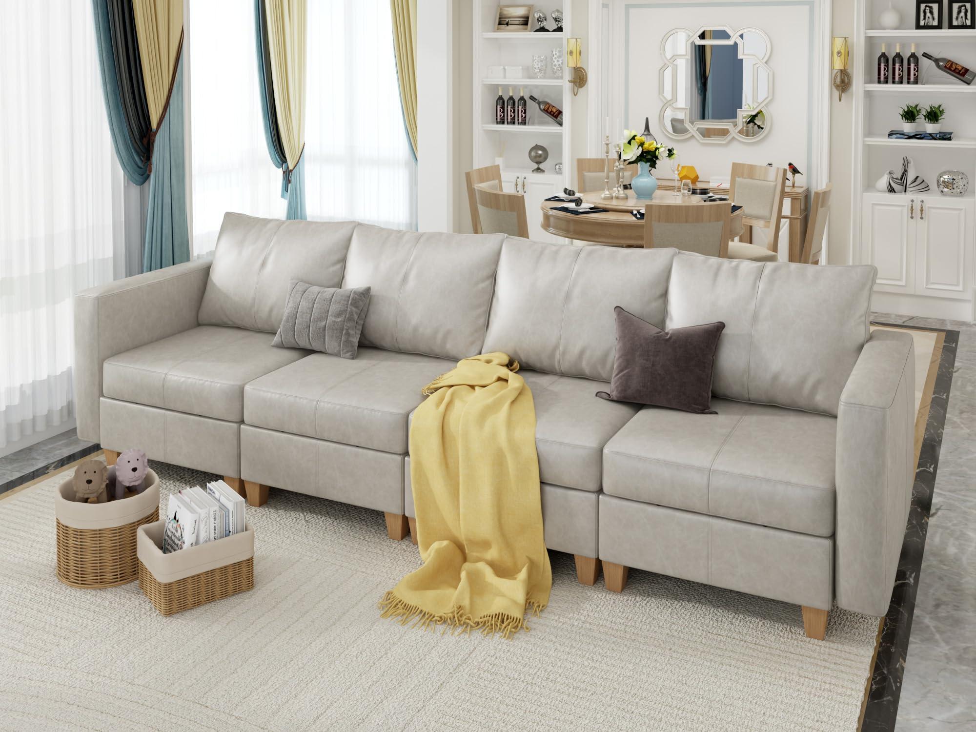 EASE MOOSE EASE MOOSE Modular Sectional Couch with Storage Seats, 4 Seat Faux Leather Convertible Modular Sofa Sectional Sofa Couch with Reversible Chaises for Small Spaces, Whitesand