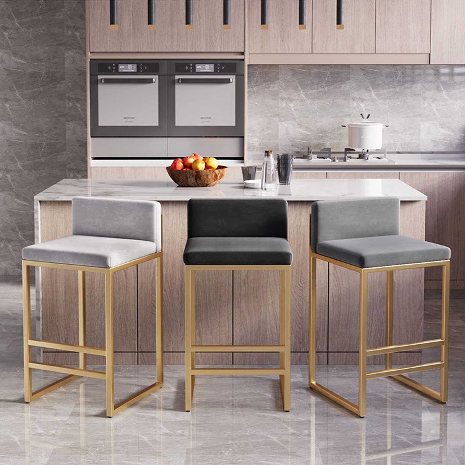 Lsoiup Bar Stools Set of 1/2 Modern Metal Bar Stools with Golded Footrest Velvet Dining Bar Chairs Seat for Kitchen Island