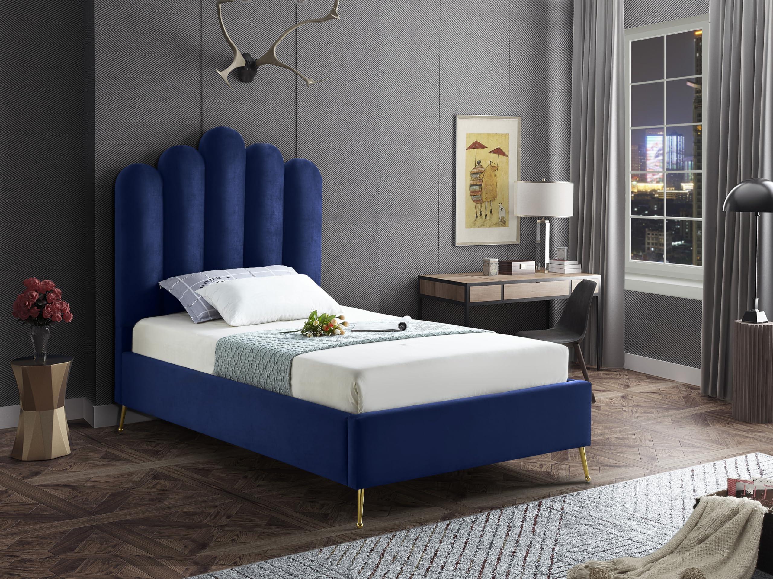 Meridian Furniture Meridian Furniture Lily Collection Modern | Contemporary Velvet Upholstered Bed with Deep Channel Tufting and Custom Gold Steel Legs, Twin, Navy