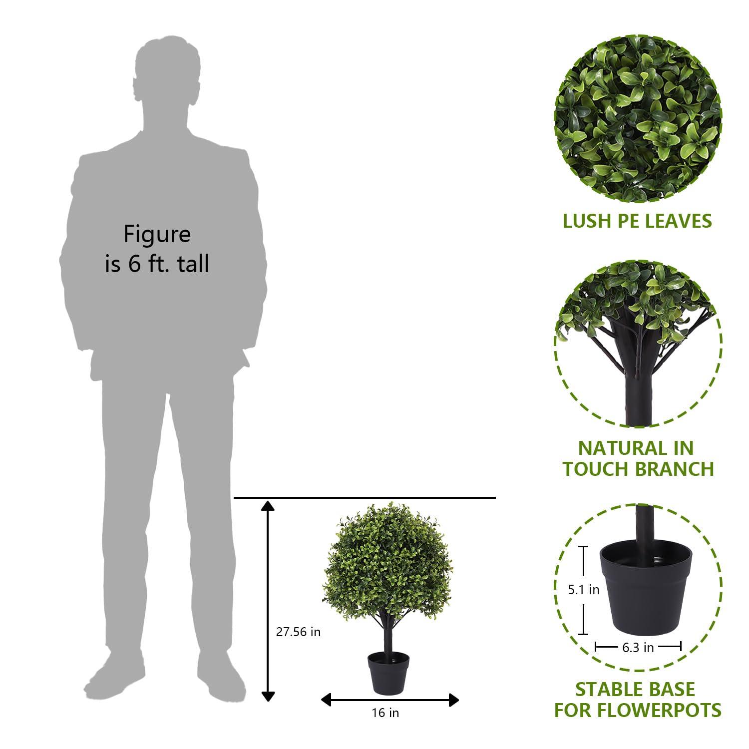 Azoco Azoco 27 Realistic Artificial Topiary Trees Set of 2, Faux Boxwood Plants Outdoor with Cement Planter, UV-Resistant Fake Evergreen Potted Ball Bushes & Shrubs for Front Porch Patio Entryway Decor