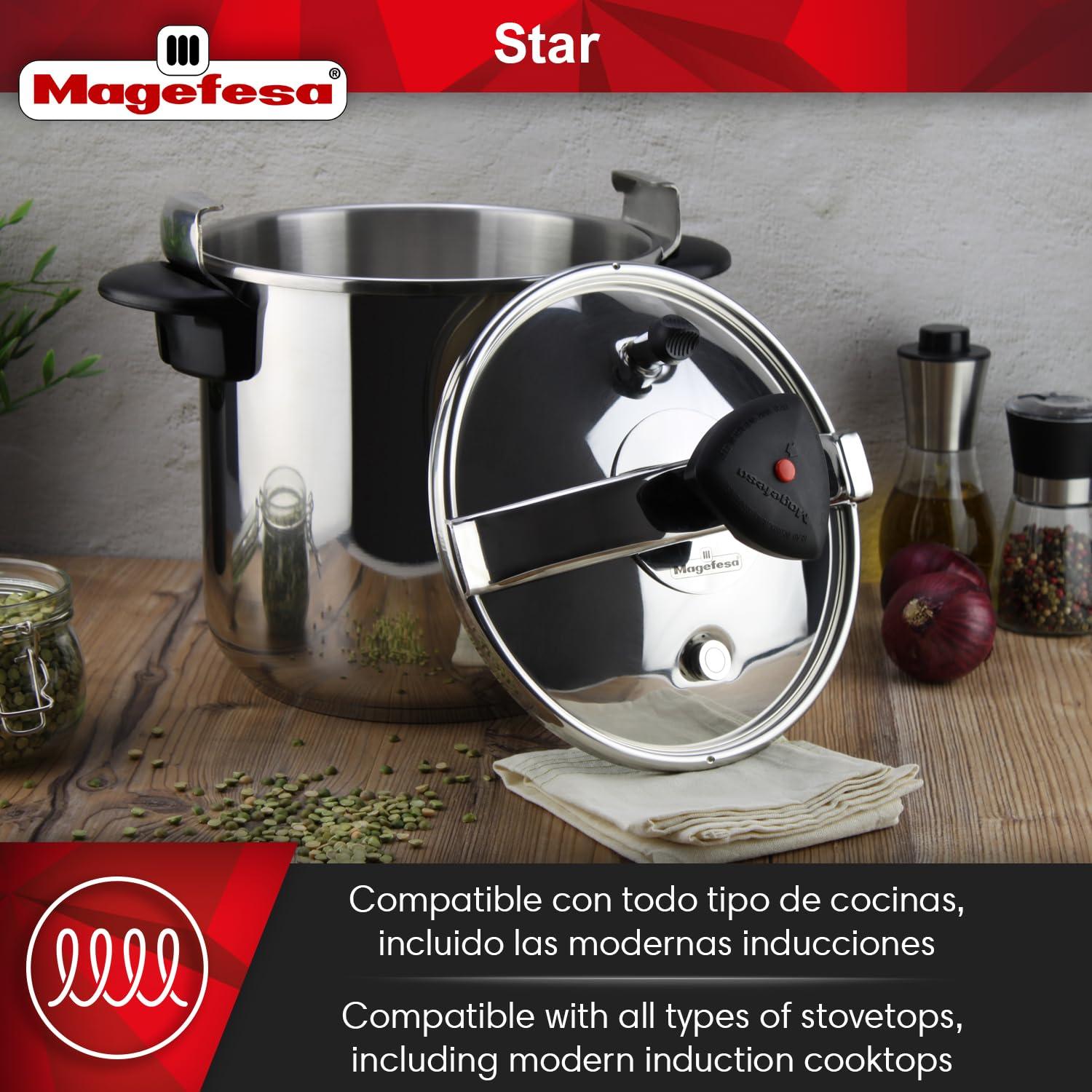 MAGEFESA MAGEFESA Star Pressure Cooker, 6.3-Quart, 18/10 Stainless Steel, Works on All Stovetops (Induction Compatible), Safety Lock & 8 PSI Cooking