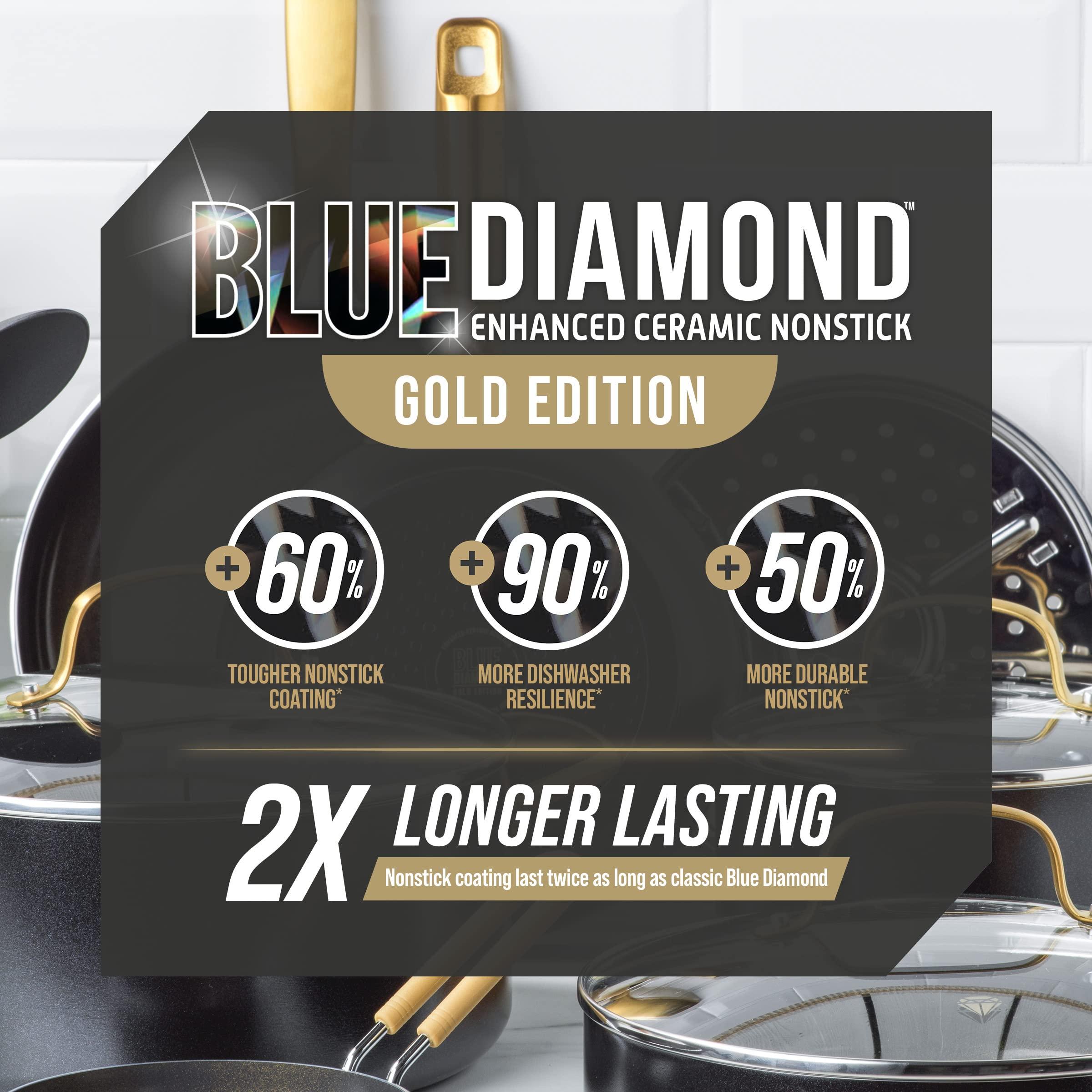 Blue Diamond Blue Diamond Gold 14 Piece Cookware Pots and Pans Set, Induction Suitable, Diamond Infused PFOA & PFAS-Free Ceramic Nonstick, Durable Metal Utensil Safe, Dishwasher Safe, Gold Handle, Black