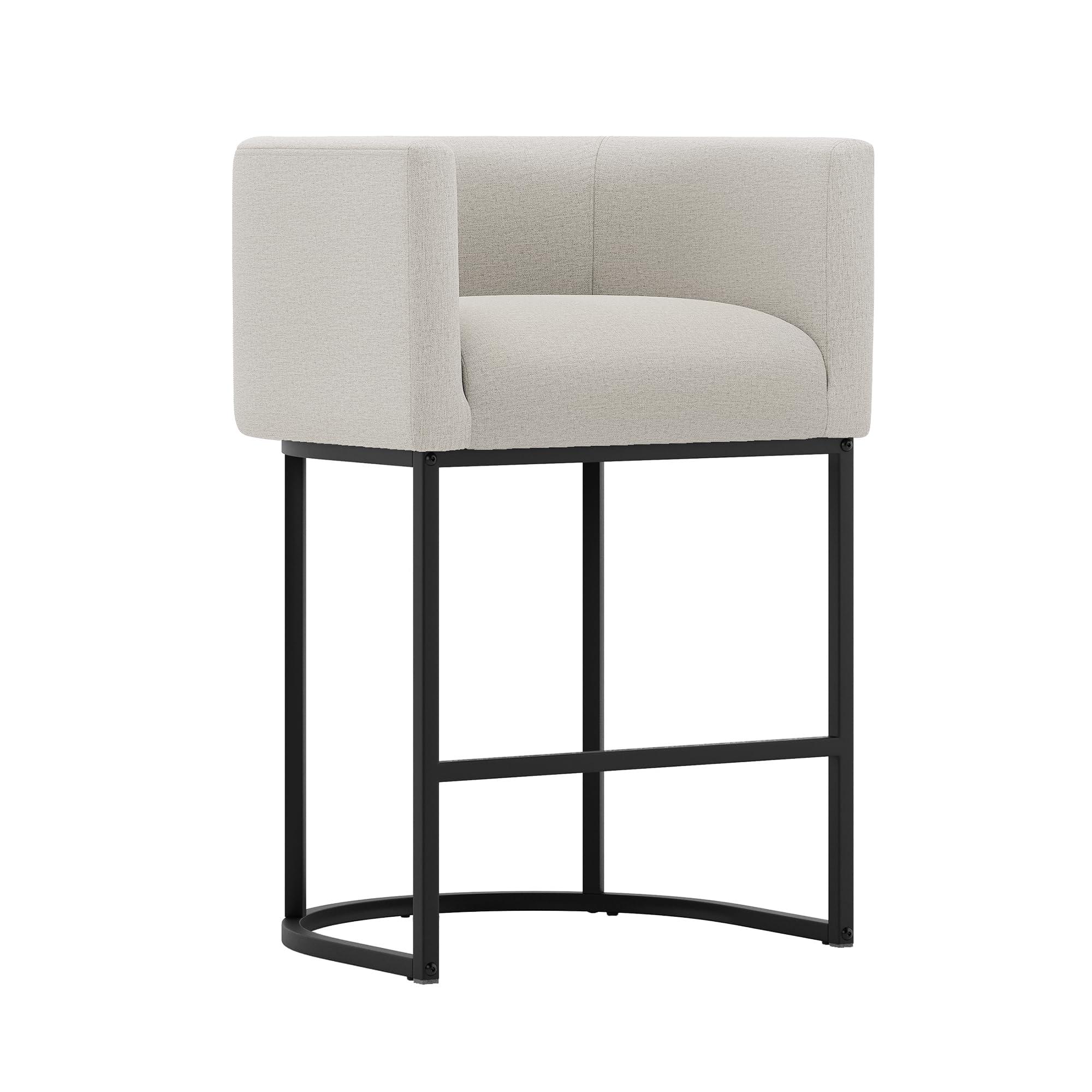 LUE BONA LUE BONA 27\" H Counter Height Bar Stools Set of 3, Modern Barrel Counter Stools with Backrest and Arms, Black Metal Frames, Linen Fabric Upholstered Accent Barstools for Kitchen Island, Light Gray