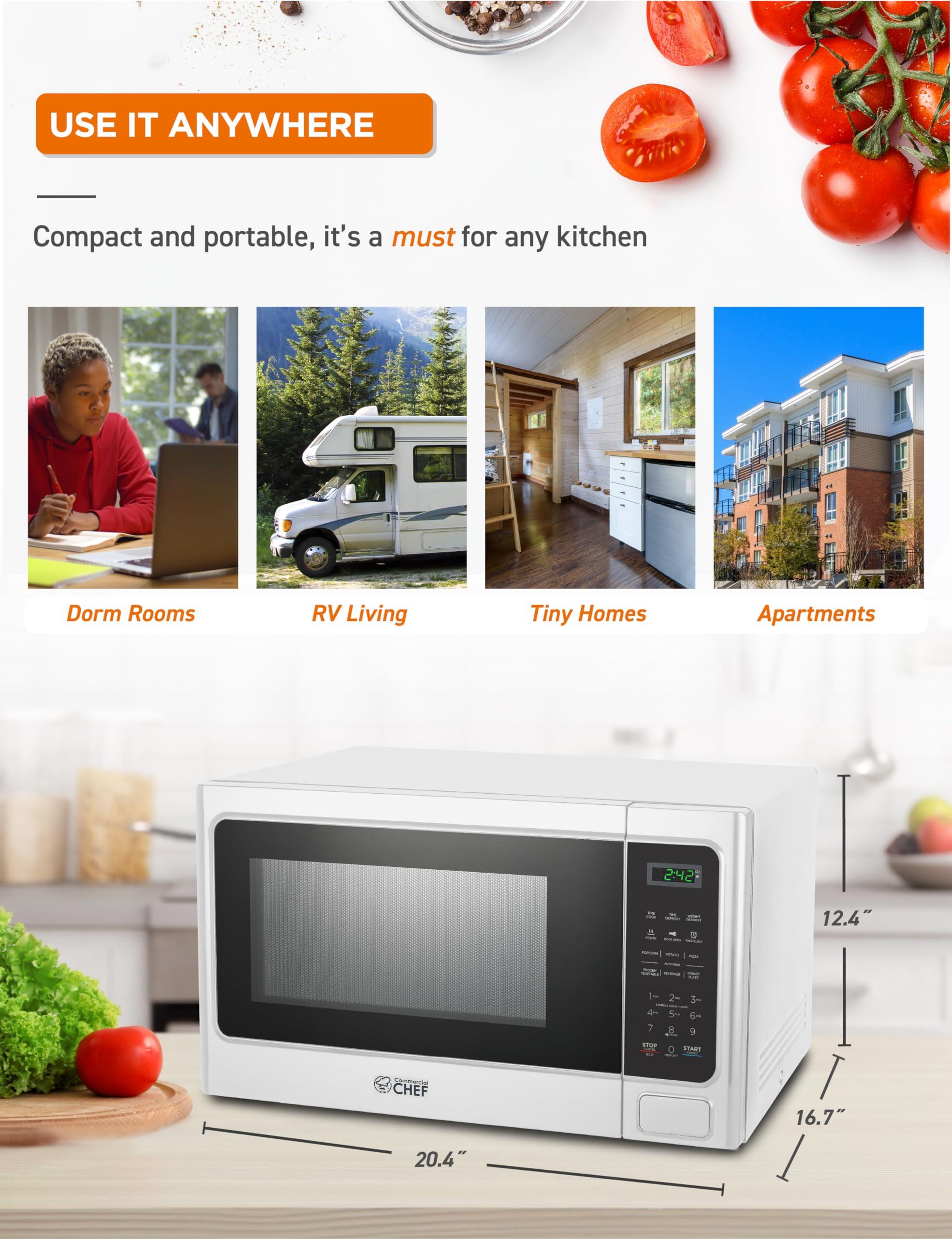 Commercial CHEF COMMERCIAL CHEF Microwave 1.3 Cu Ft with 10 Power Levels, Microwave with Push Button Door Lock, 1000W Countertop Microwave with Timer and Digital Controls, White