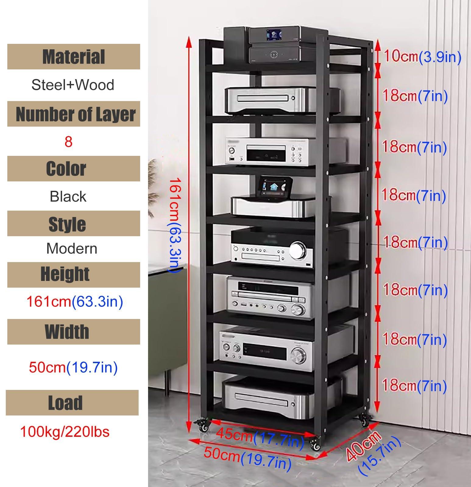 JYHHCYS JYHHCYS Tall Stereo Racks and Stands on Wheels Media Storage Cabinet Rack, Black Modern Entertainment Stereo Components Stand, Audio Video Equipment Rack (Size : 8 tier-50cm Wide)