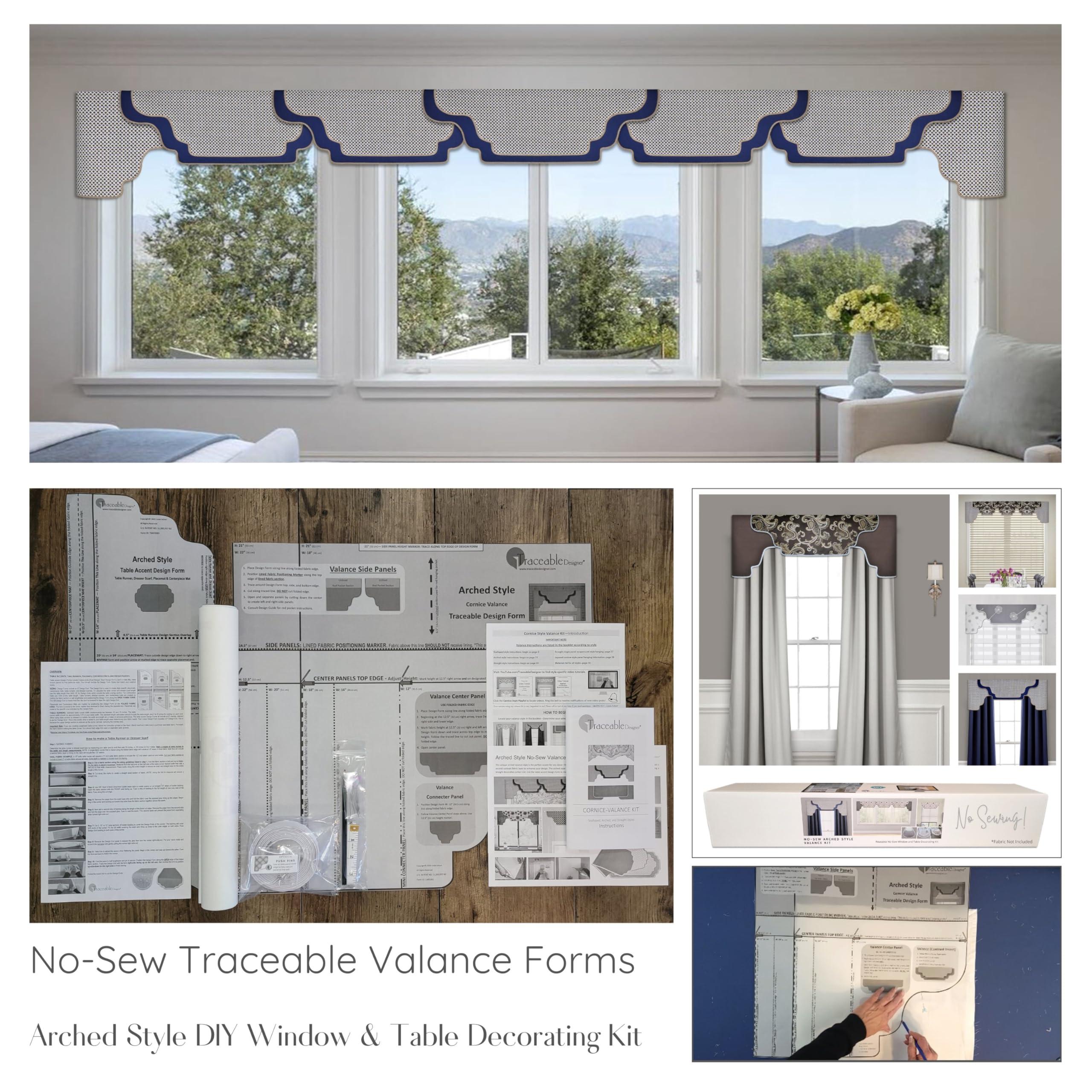 Traceable Designer Traceable Designer Arched Cornice Valance, Patented Sewing Alternative; Kit; Make No-Sew Curtains for Bedroom, Living Room,Use Over Shades or Drapes; Lined; Rod Pocket