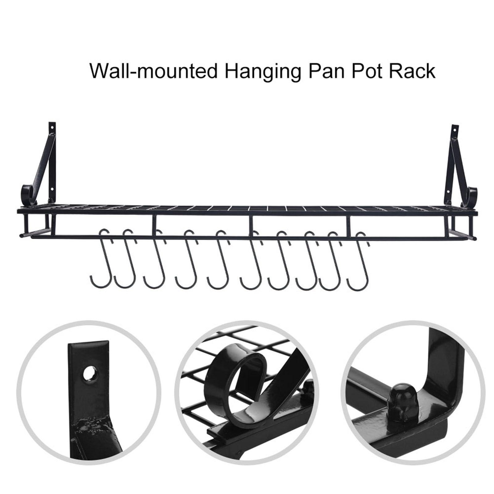 MOUMOUTEN MOUMOUTEN Metal Hanging Pan Pot Rack, Black Wall Mounted Portable with 10 Hook Holder Easy Installation Kitchen Storage Organizer for Kitchen (45CM)