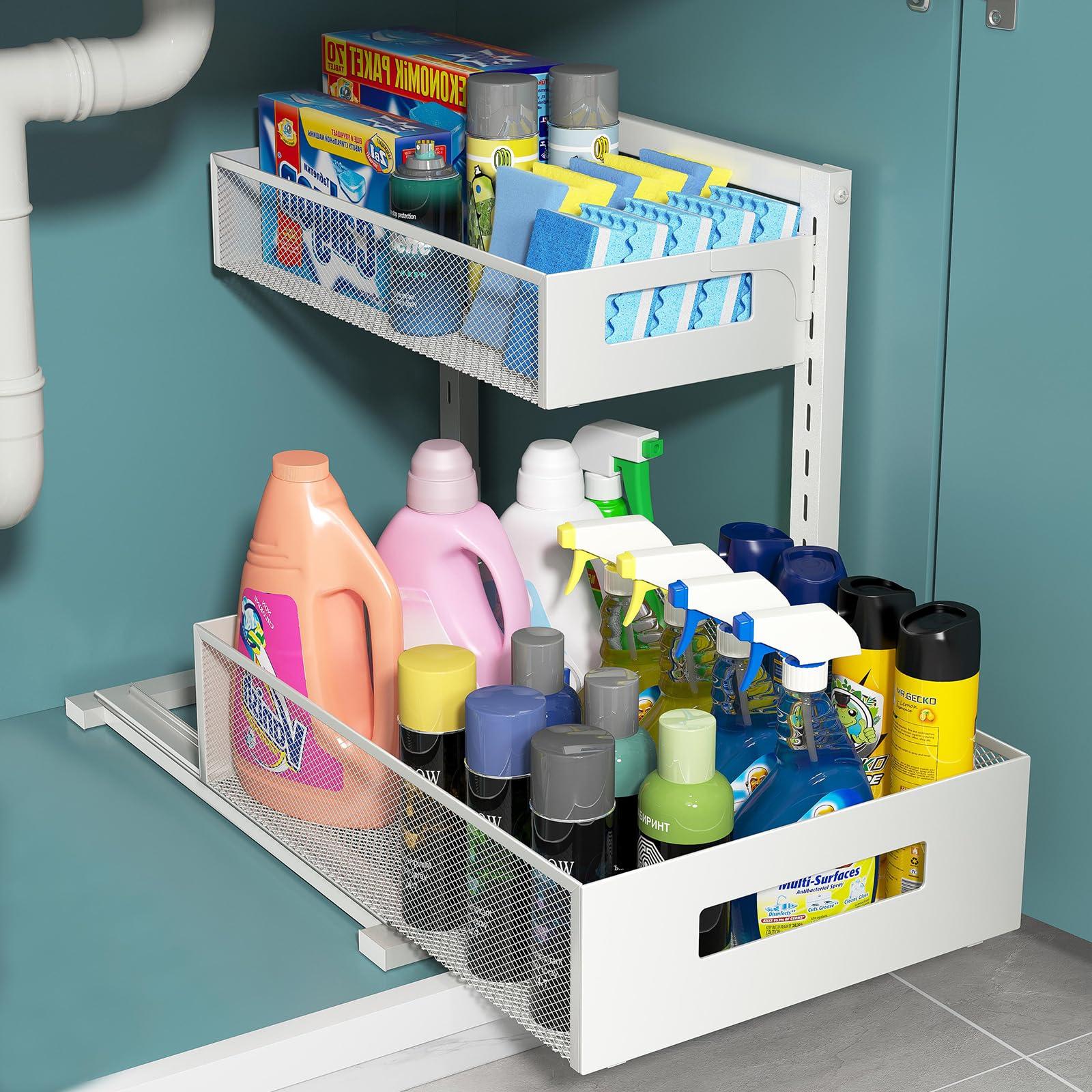 TISTAYA TISTAYA Pull-out Under Kitchen Sink Organizer, Metal Functional Under Sink Organizer, Height Adjustable Under Bathroom Sink Organizer, Under Sink Storage for Kitchen Bathroom Cabinet (White)